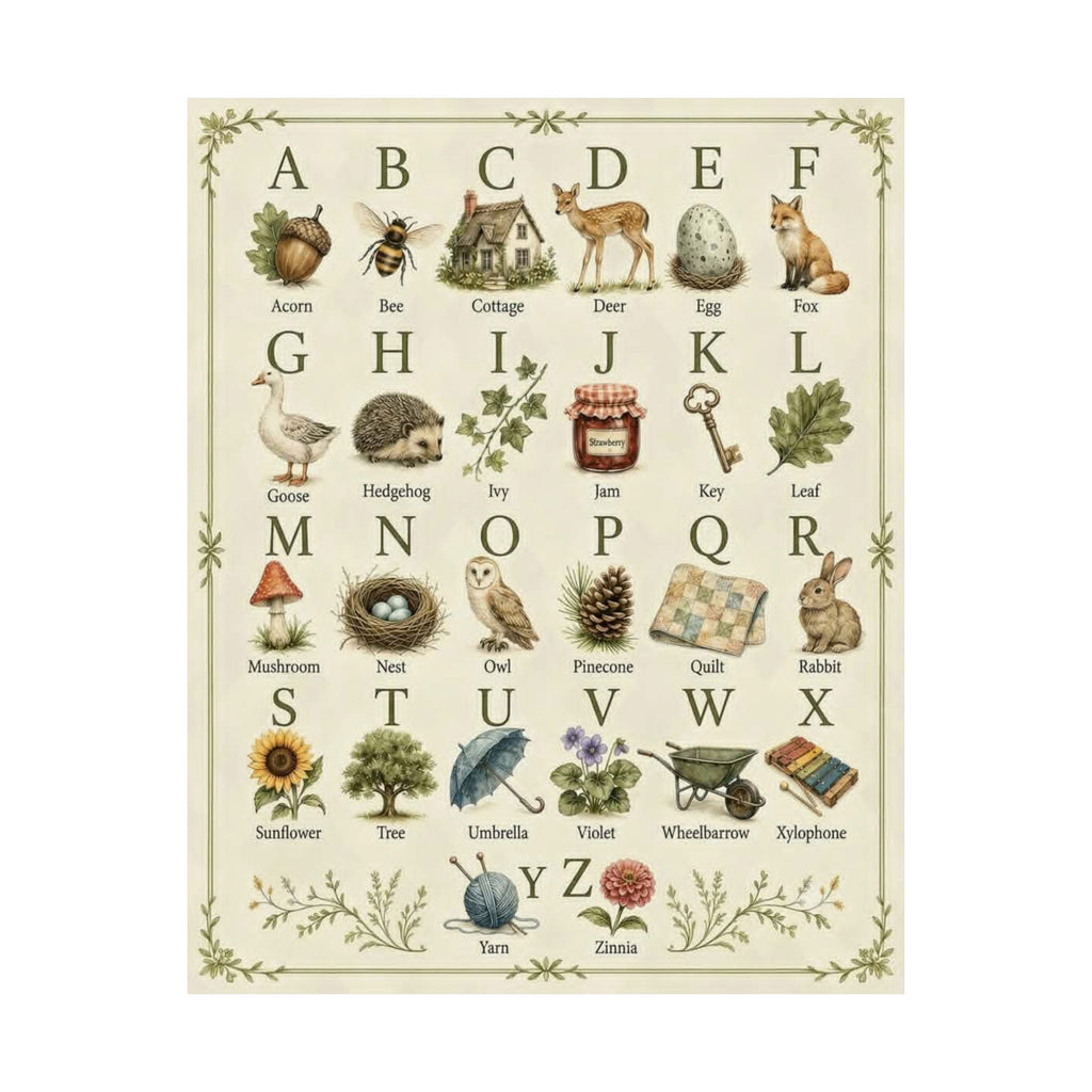 Vintage Alphabet Poster — Botanical & Woodland Animal ABC Matte Print
