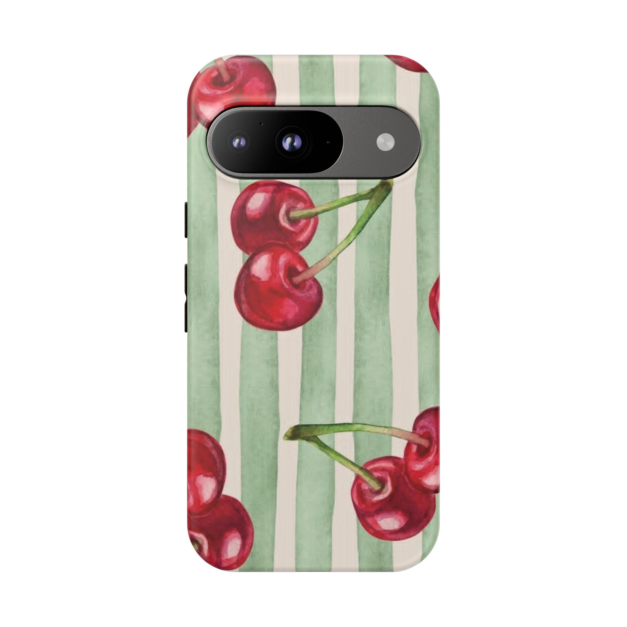 Cherry Stripe Phone Case – Retro Watercolor Cherries on Mint Stripes