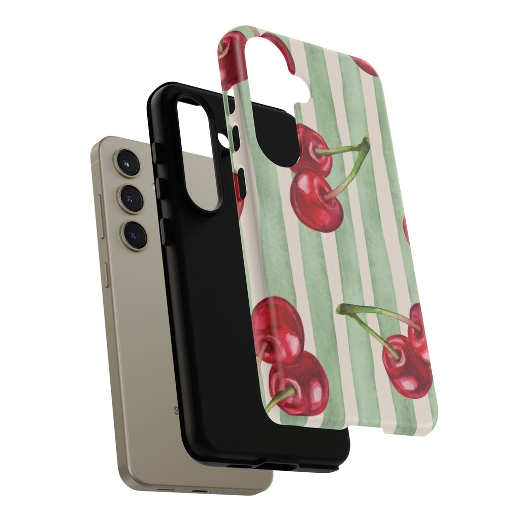 Cherry Stripe Phone Case – Retro Watercolor Cherries on Mint Stripes