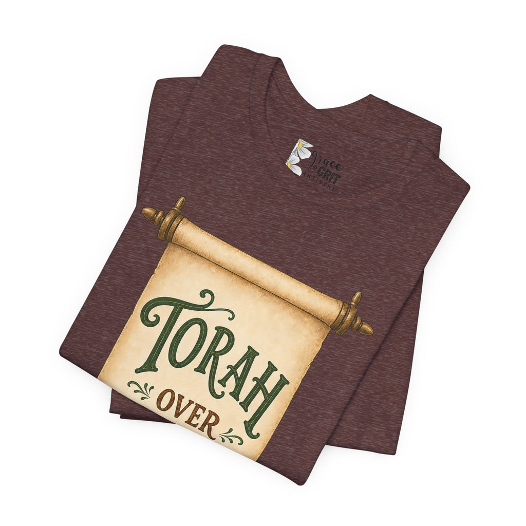 Torah Over Traditions Tee | Scroll Typography Jewish Faith Shirt