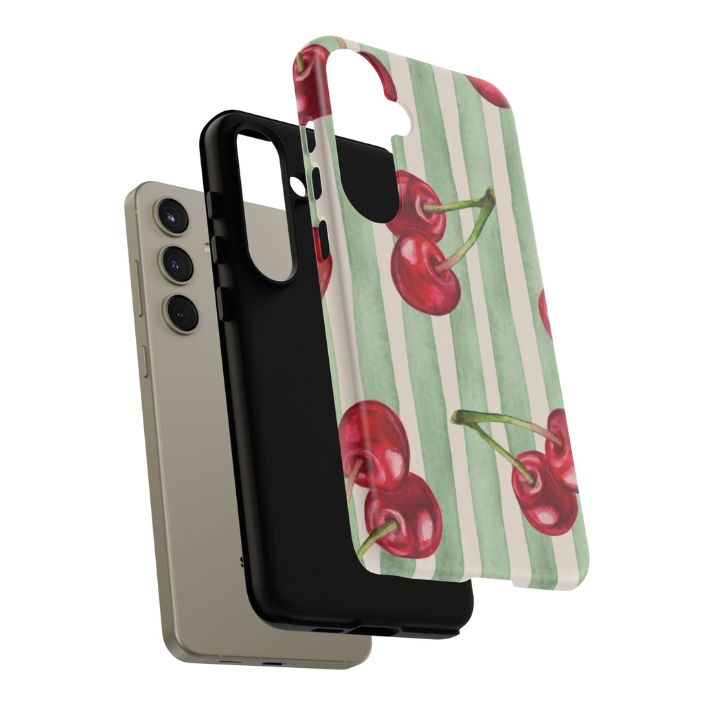 Cherry Stripe Phone Case – Retro Watercolor Cherries on Mint Stripes