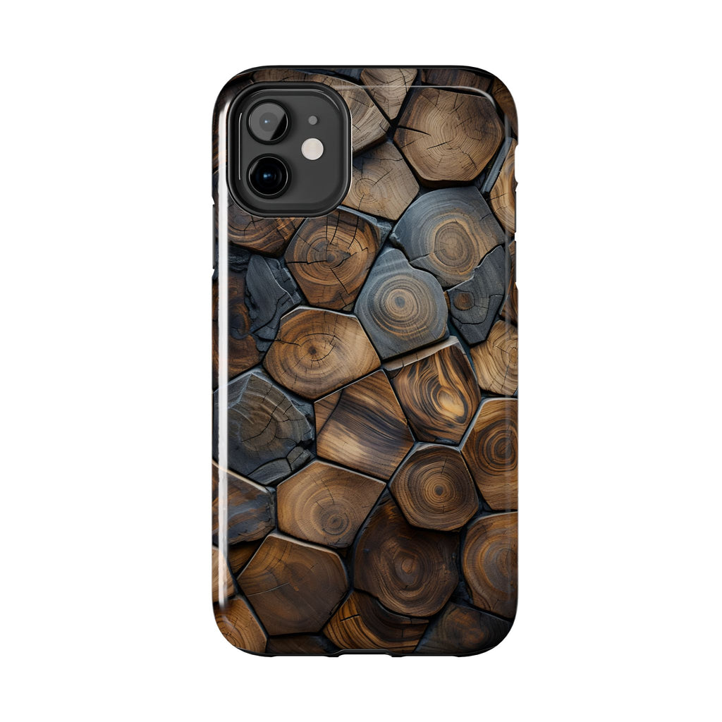 Woodgrain Hex Pattern Tough Phone Case — Rustic Log Cross-Section Design