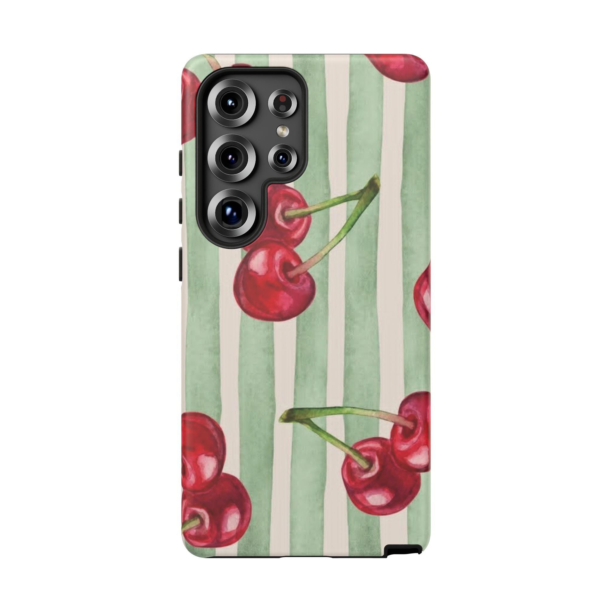 Cherry Stripe Phone Case – Retro Watercolor Cherries on Mint Stripes