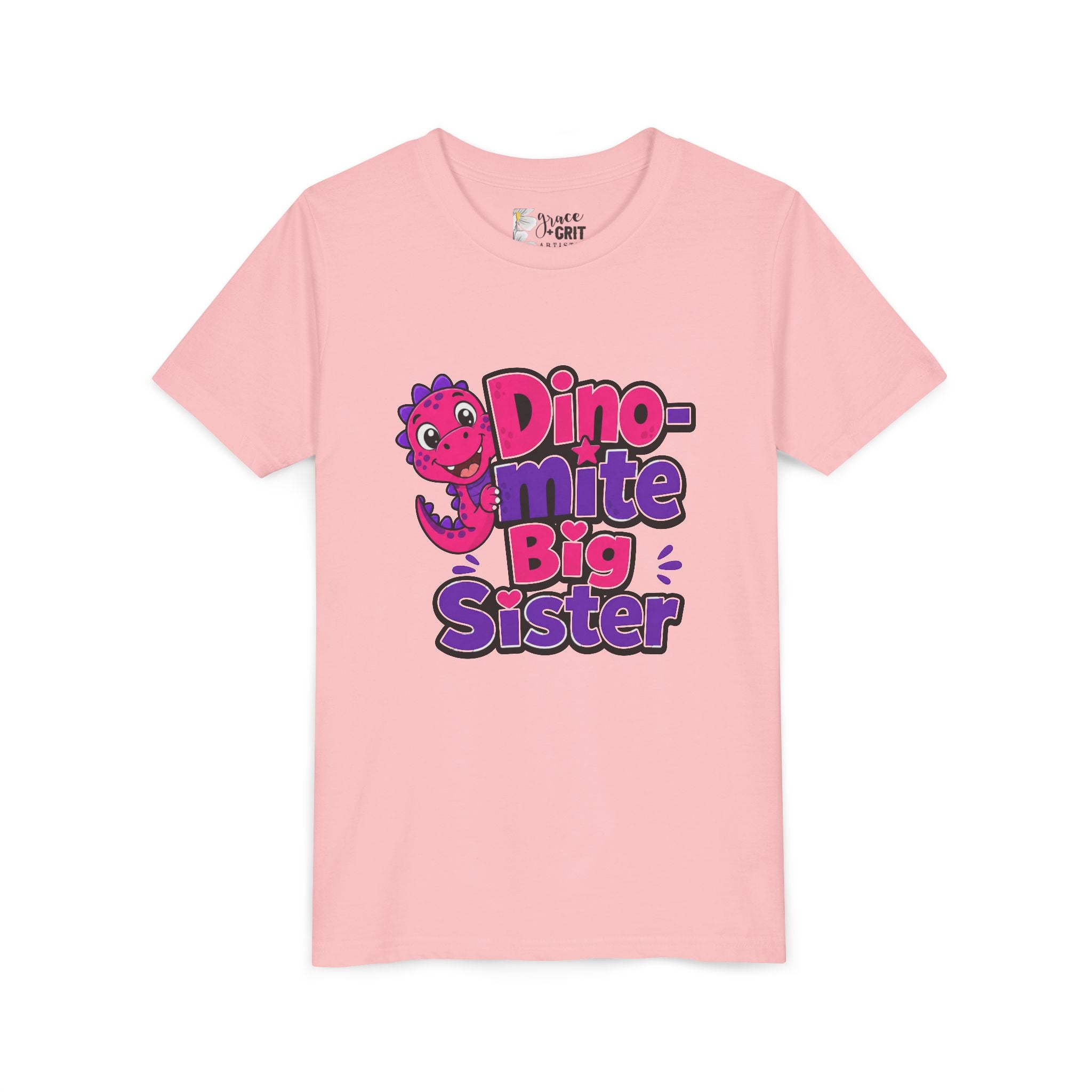 Dino-mite Big Sister Youth Tee — Cute Pink Dinosaur Big Sister Shirt