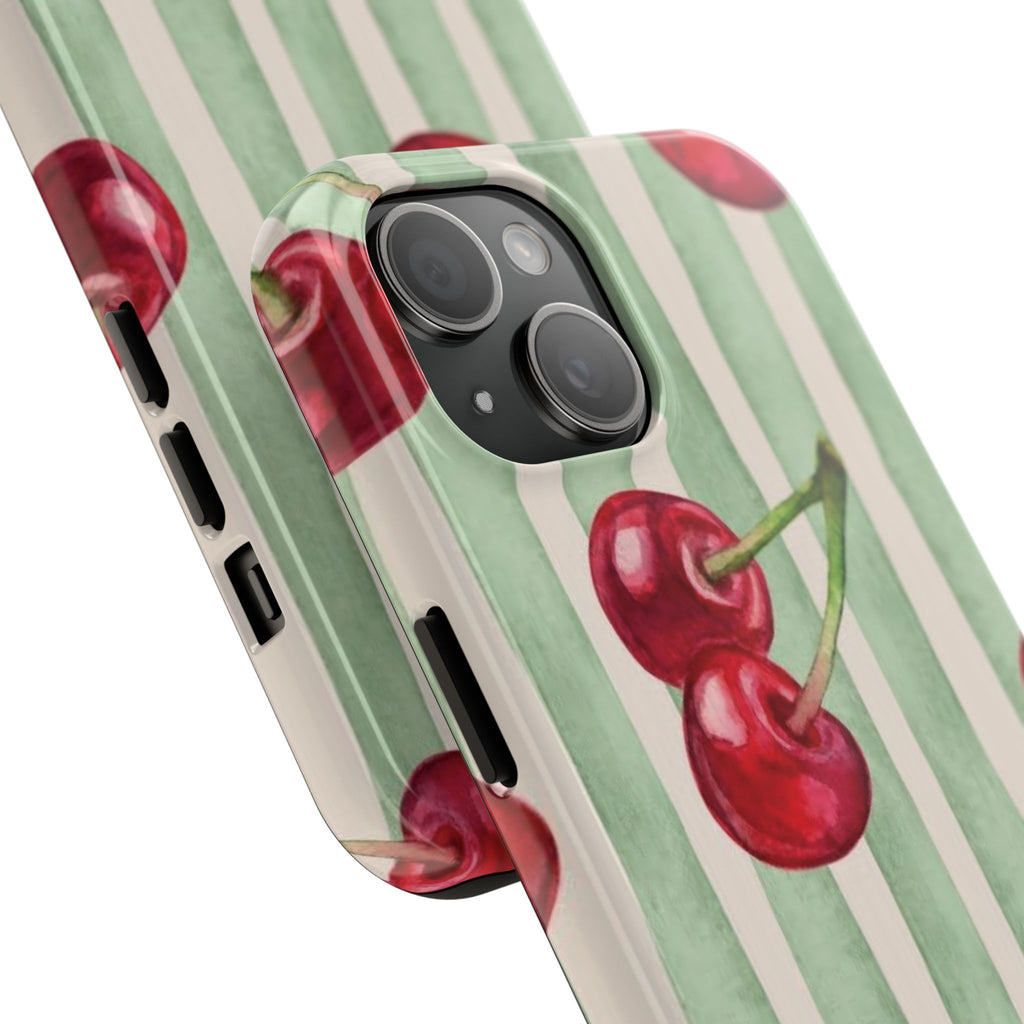 Cherry Stripe Tough Phone Case — Retro Watercolor Cherry Pattern Durable Phone Case