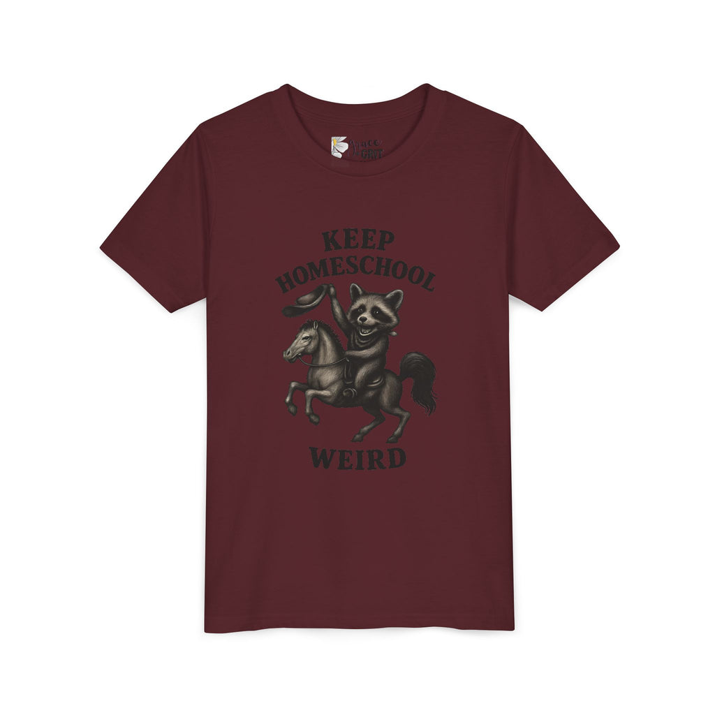 Keep Homeschool Weird Youth Tee | Raccoon Riding Horse Illustration