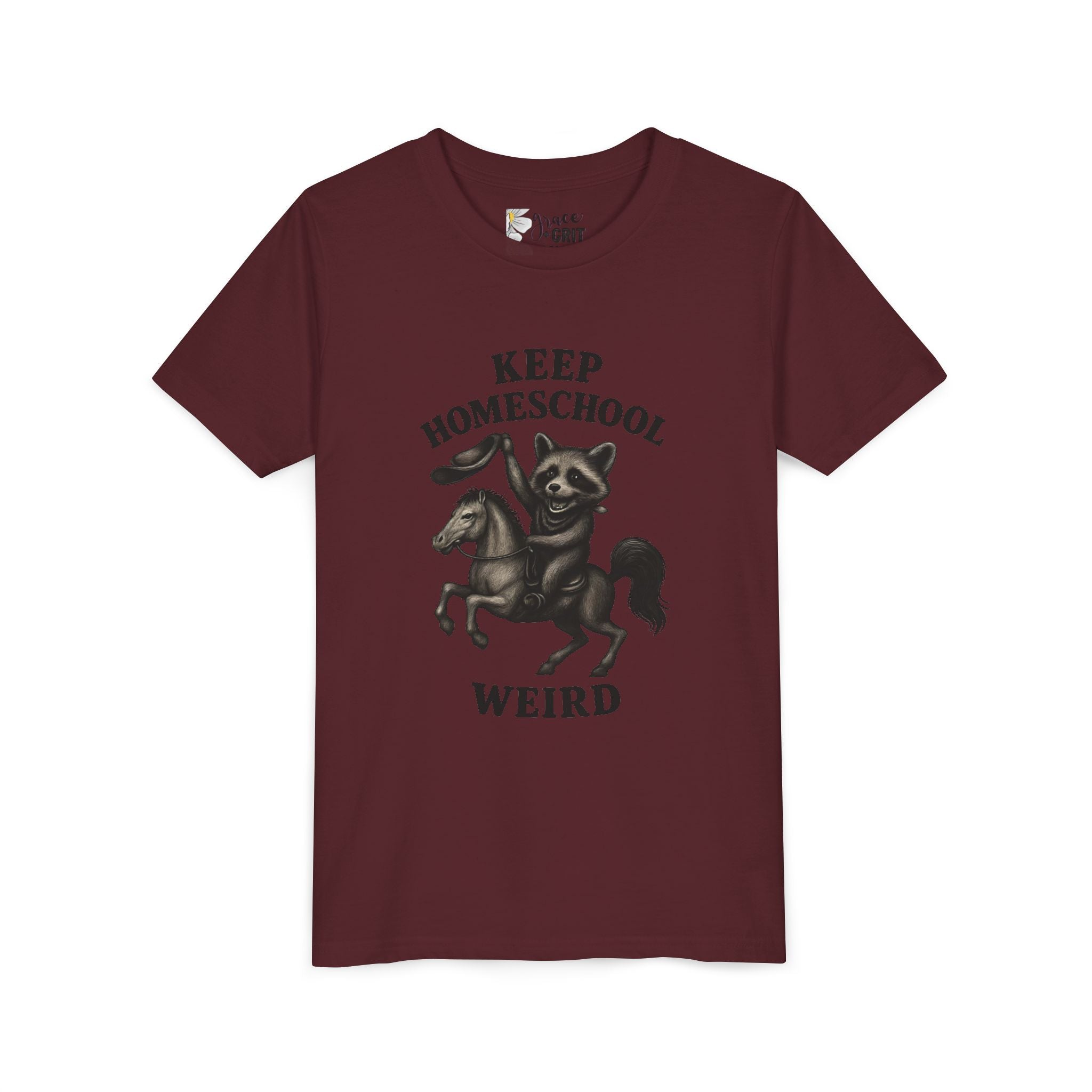 Keep Homeschool Weird Youth Tee | Raccoon Riding Horse Illustration