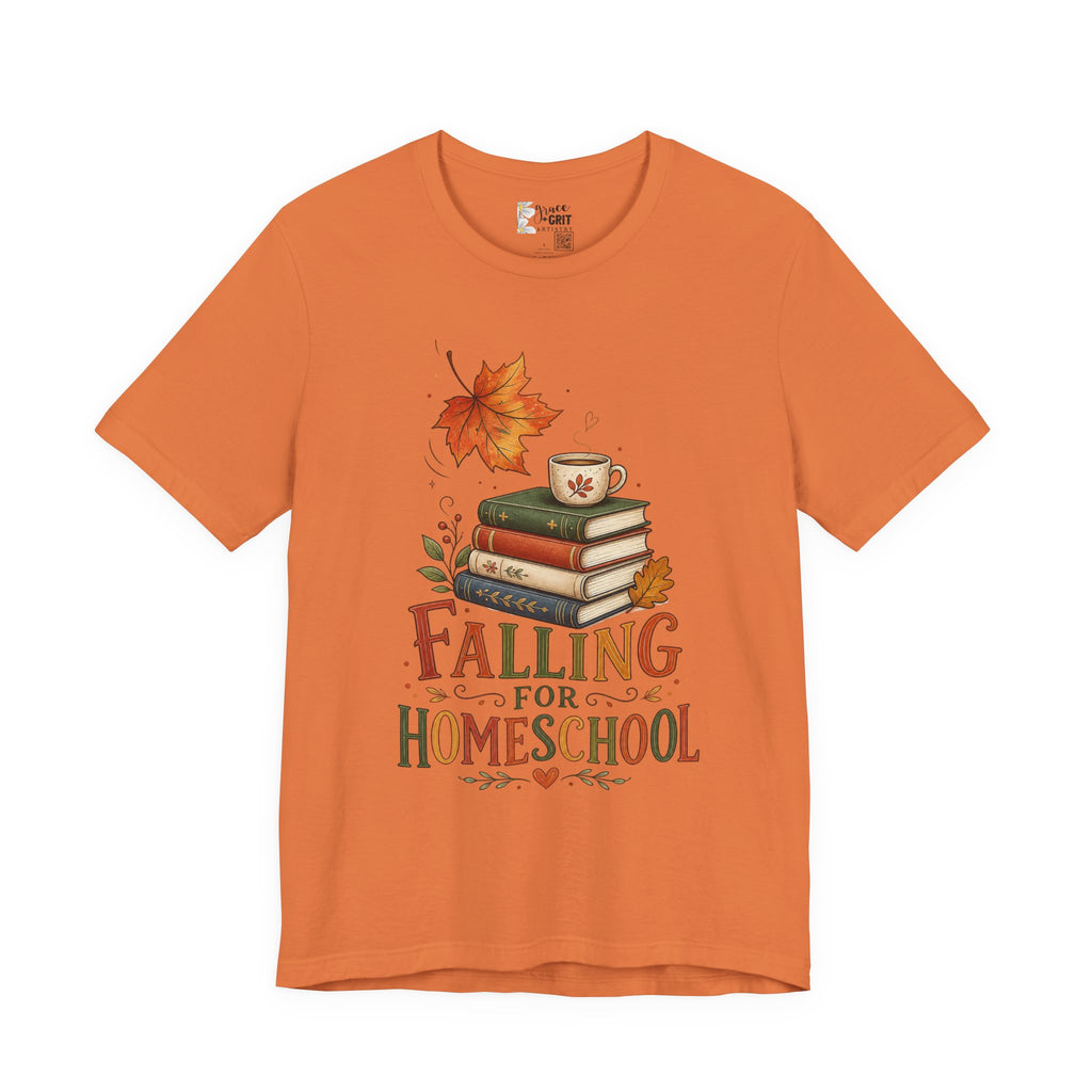 Fall Homeschool T‑Shirt – “Falling into Homeschool” Autumn Books & Coffee Tee