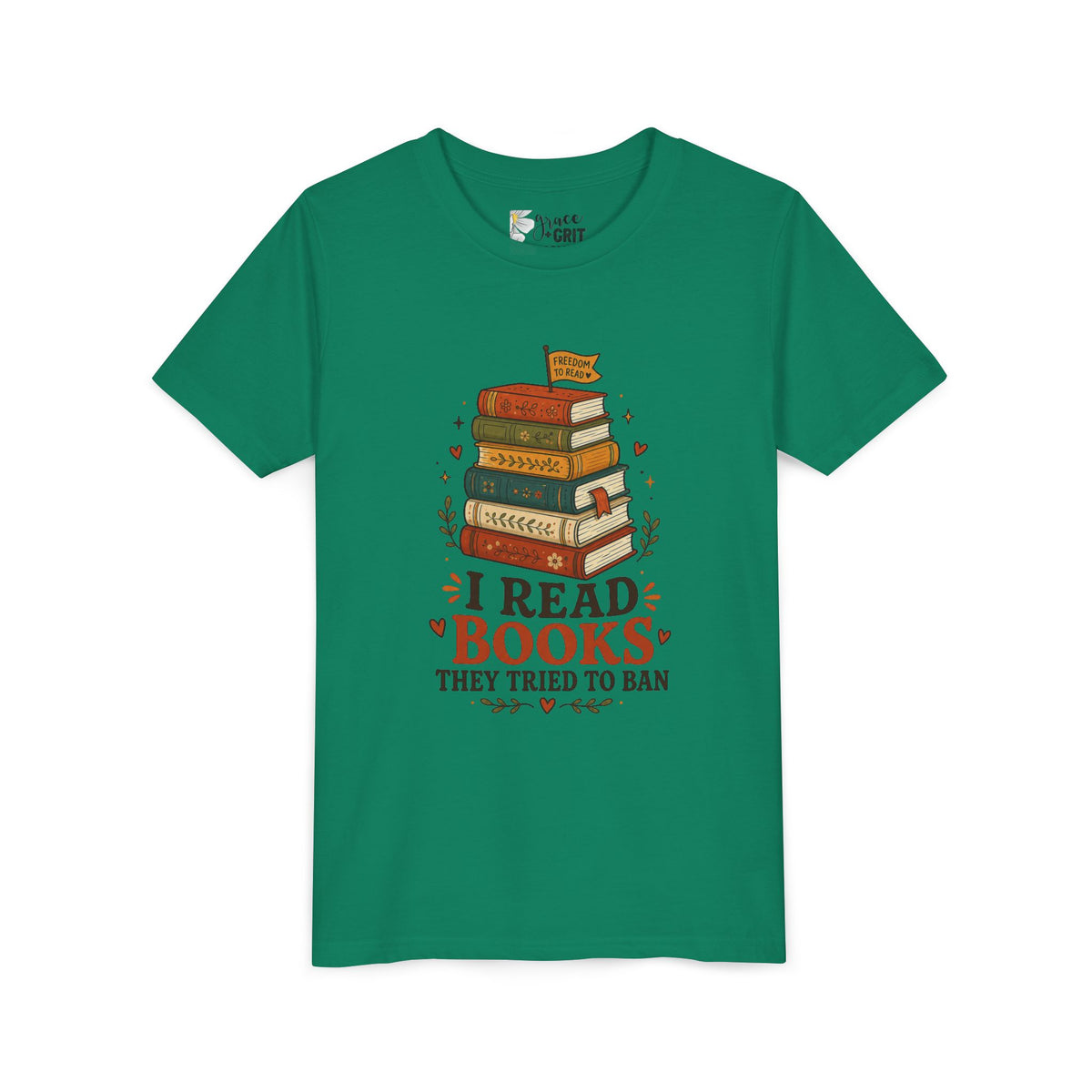 Youth Book Lover T‑Shirt — "I Read Books They Tried To Ban" Stack Graphic