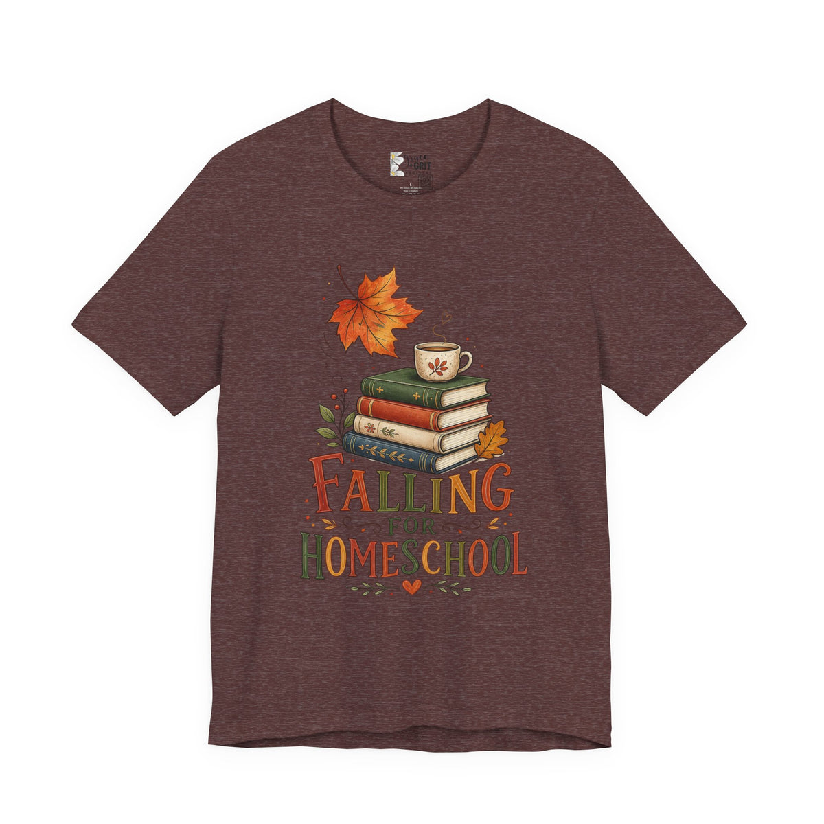 Fall Homeschool T‑Shirt – “Falling into Homeschool” Autumn Books & Coffee Tee