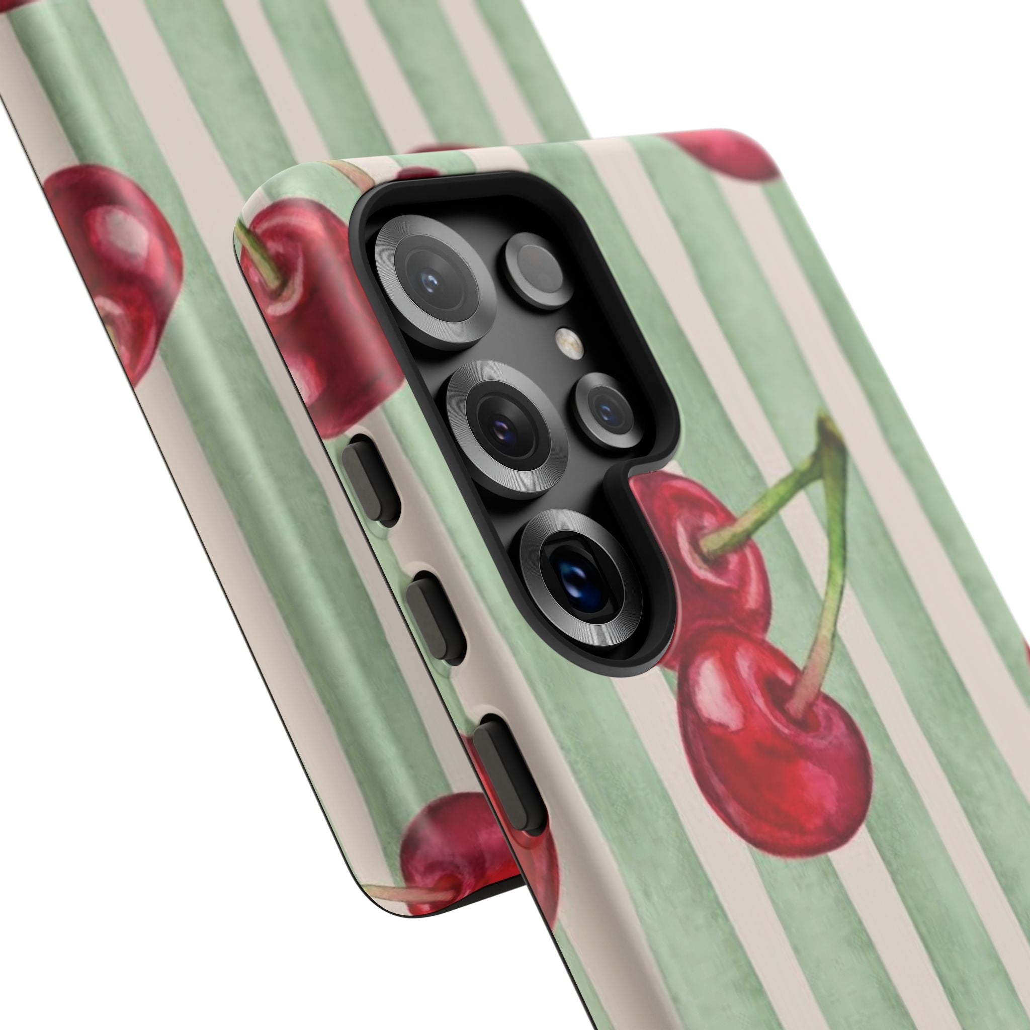 Cherry Stripe Phone Case – Retro Watercolor Cherries on Mint Stripes