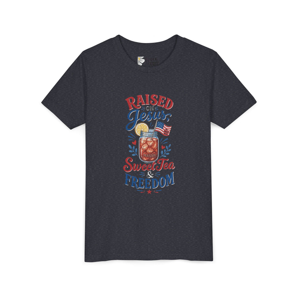 Youth Tee — "Raised Jesus, Sweet Tea, Freedom" Patriotic Christian Graphic