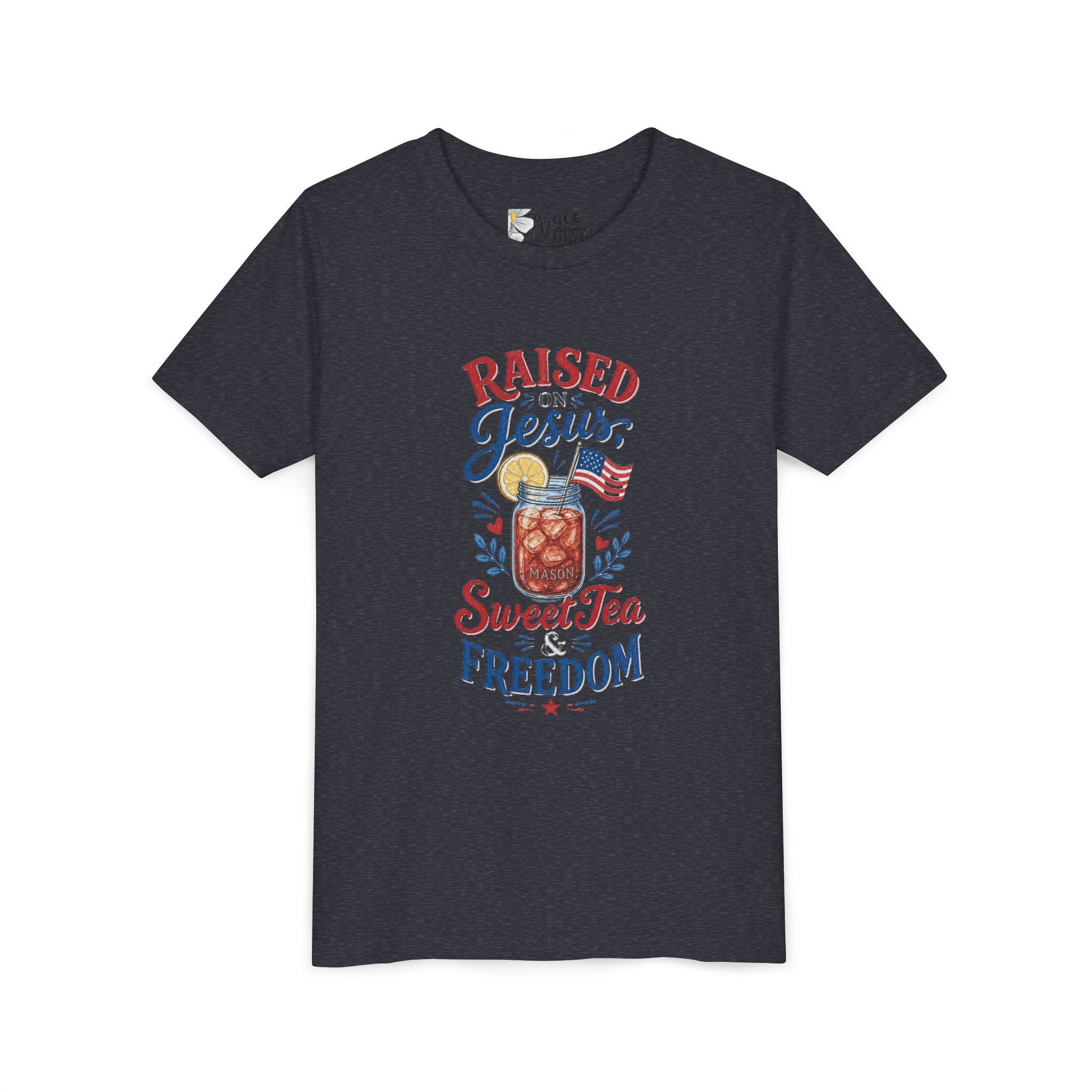 Youth Tee — "Raised Jesus, Sweet Tea, Freedom" Patriotic Christian Graphic