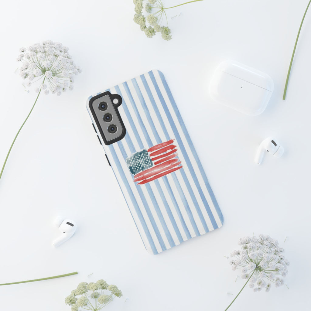 American Flag Watercolor Phone Case - Blue Stripe Tough Case