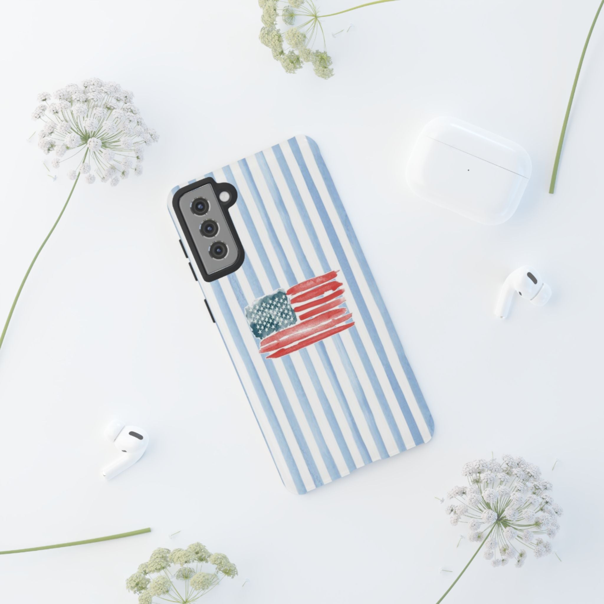 American Flag Watercolor Phone Case - Blue Stripe Tough Case