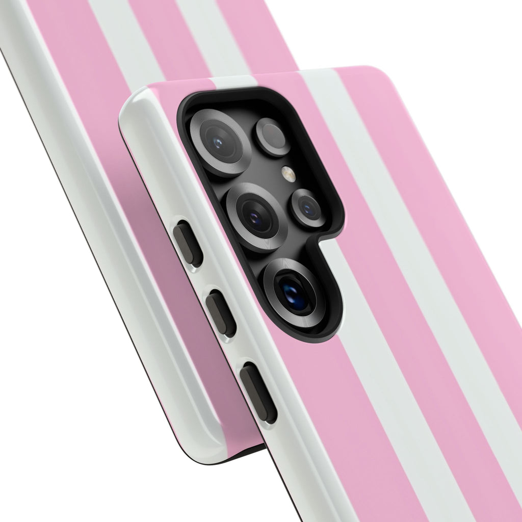 Pink & White Striped Tough Phone Case — Durable Protective Phone Cover