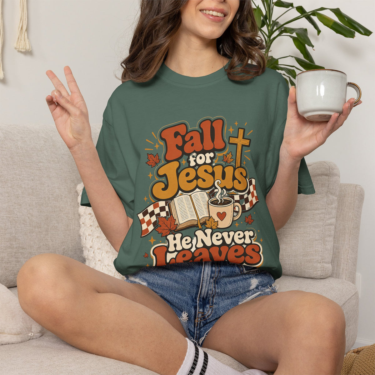Fall for Jesus He Never Leaves Christian T-Shirt
