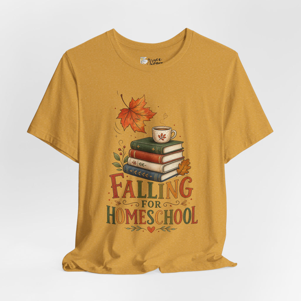Fall Homeschool T‑Shirt – “Falling into Homeschool” Autumn Books & Coffee Tee