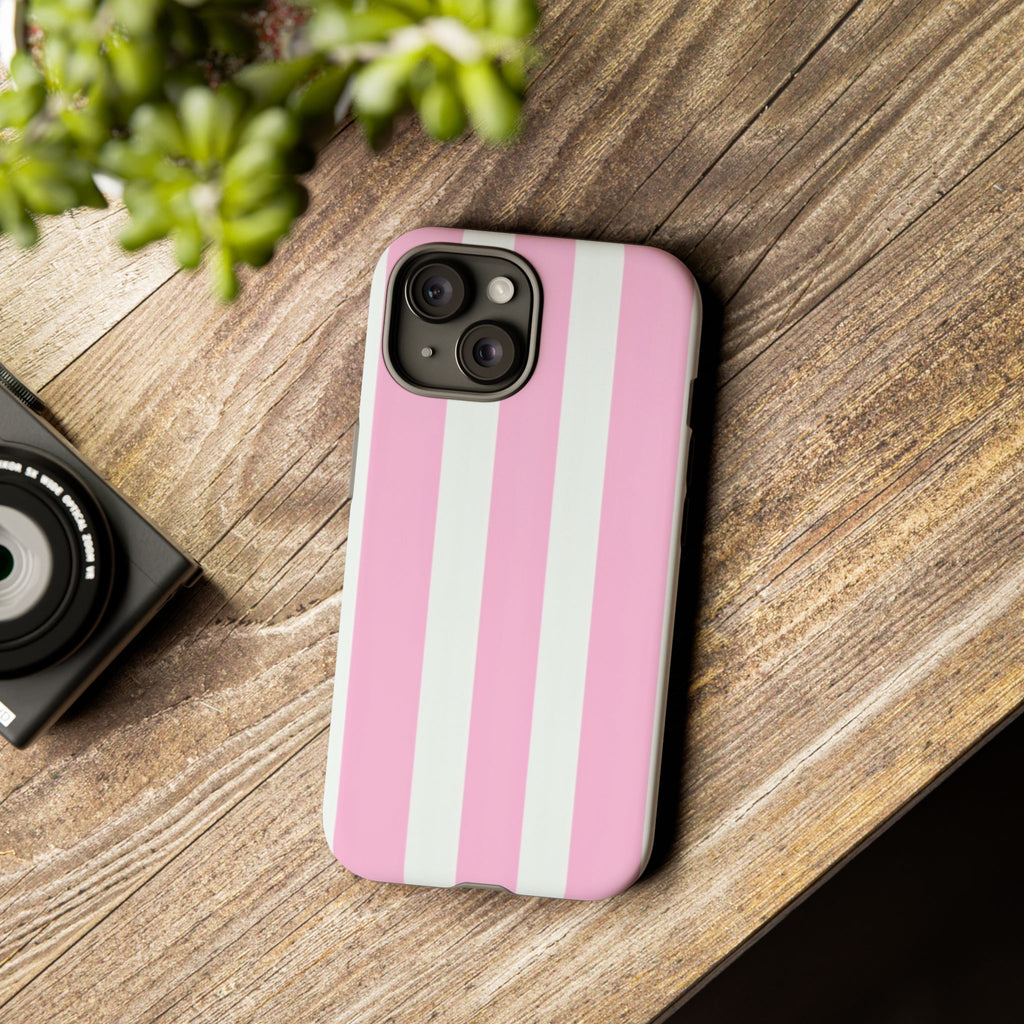 Pink & White Striped Tough Phone Case — Durable Protective Phone Cover
