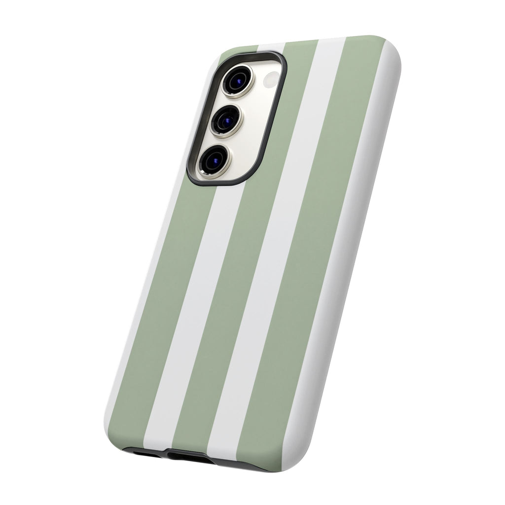 Striped Sage Tough Phone Case — Durable Green & White Vertical Stripe Phone Cover