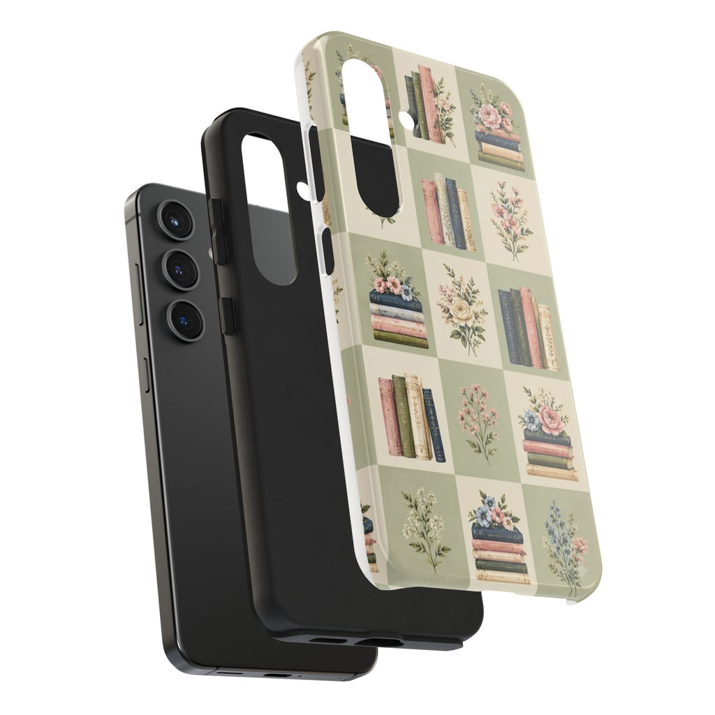 Floral Bookshelf Tough Phone Case — Vintage Floral & Stacked Books Pattern