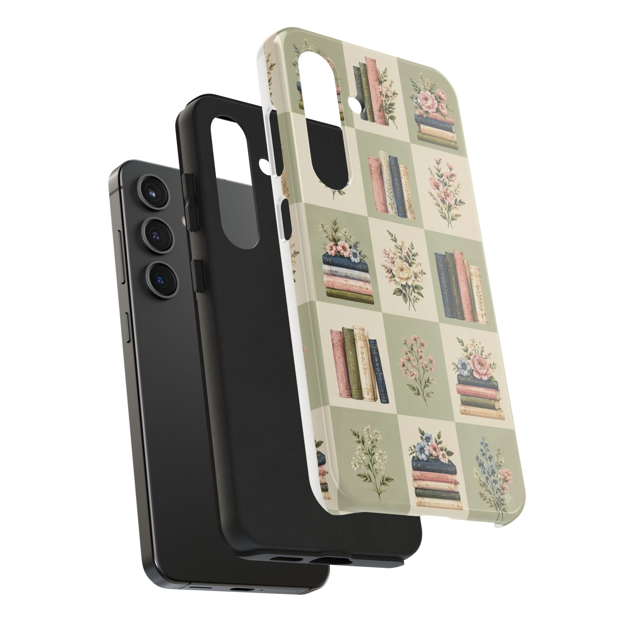 Floral Bookshelf Tough Phone Case — Vintage Floral & Stacked Books Pattern