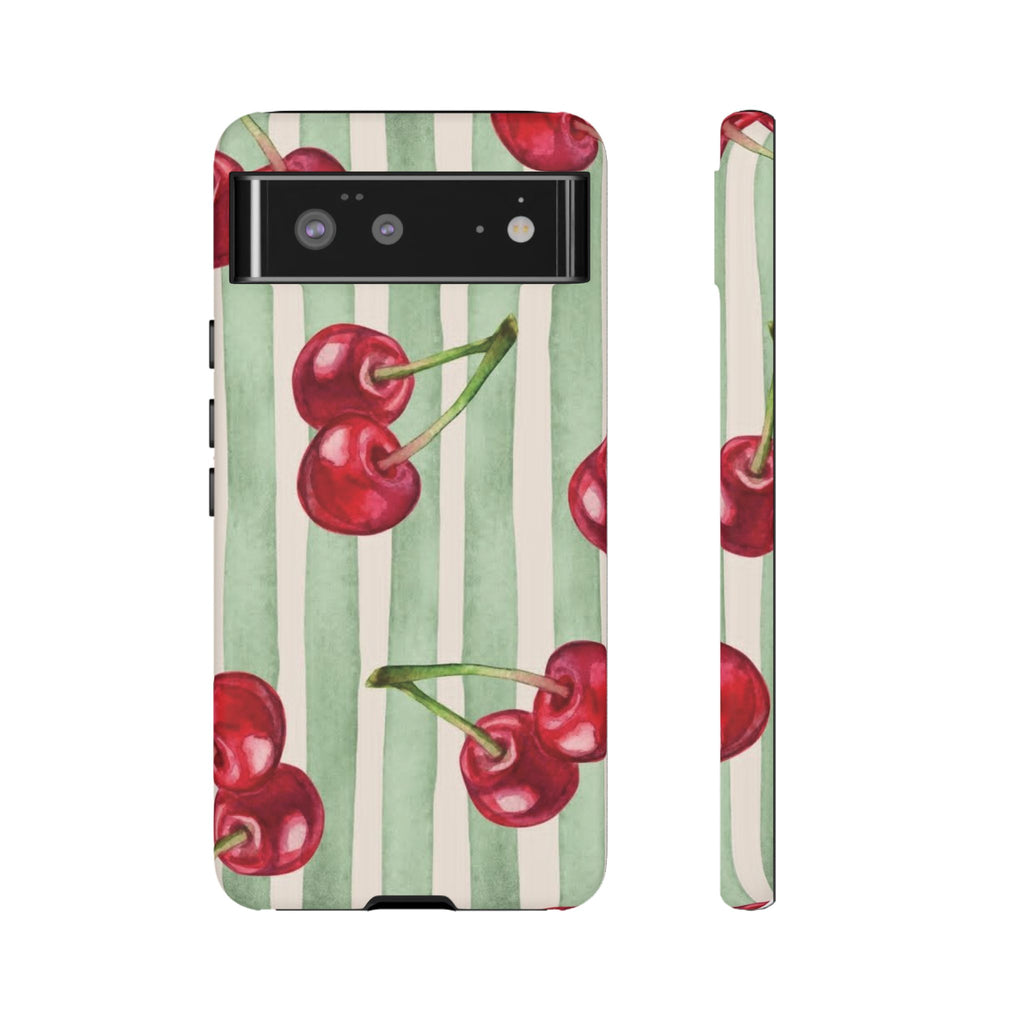 Cherry Stripe Phone Case – Retro Watercolor Cherries on Mint Stripes
