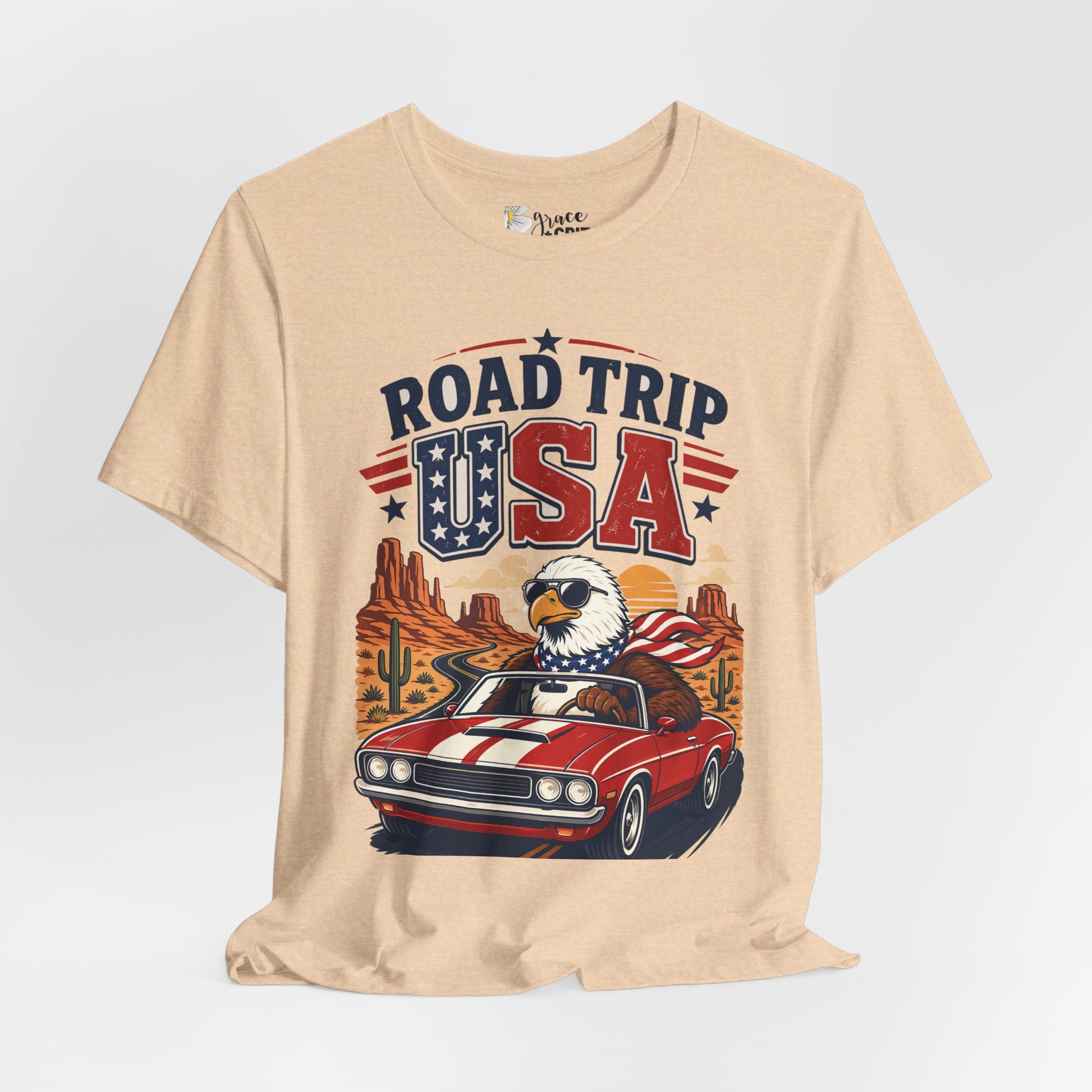 Road Trip USA Tee — Vintage Eagle & Muscle Car Patriotic T‑Shirt