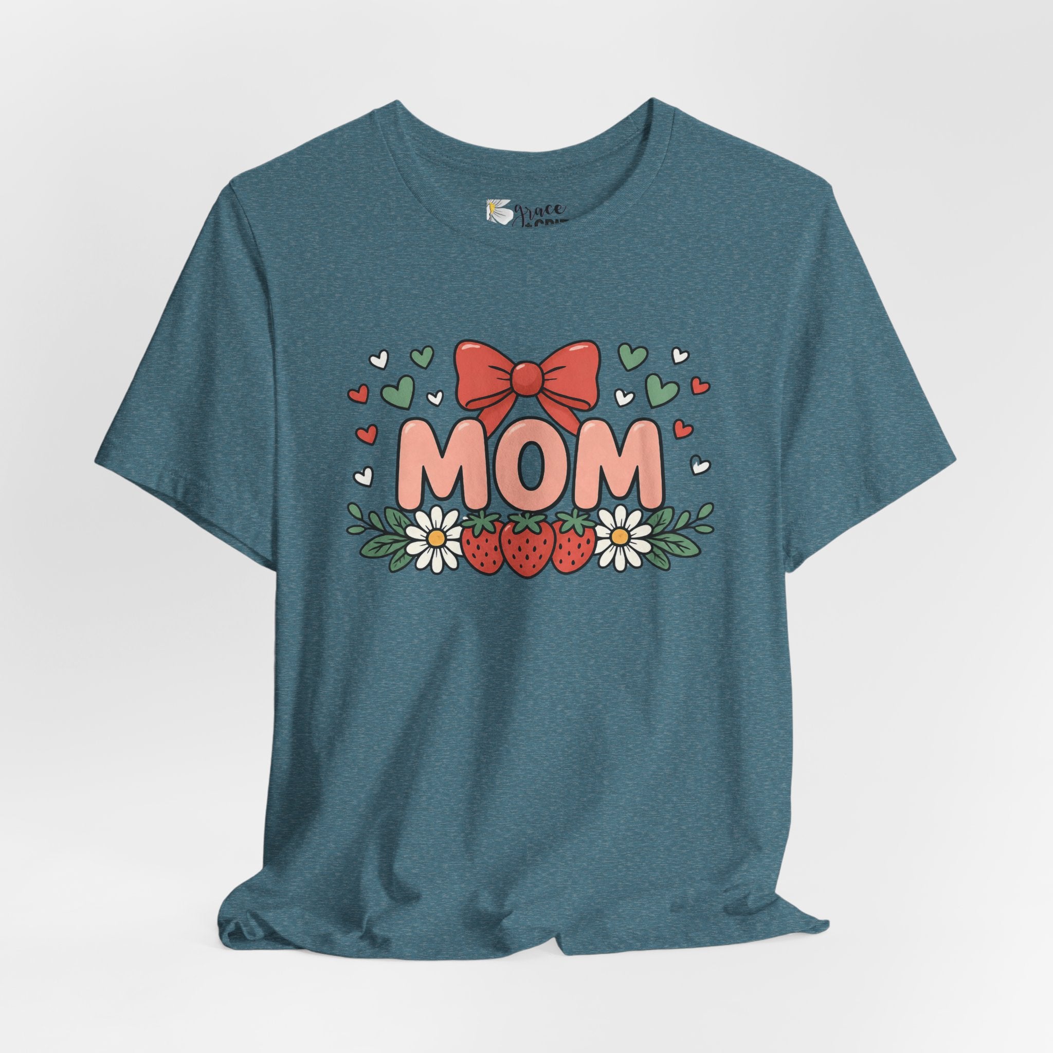 Mom Floral Bow T‑Shirt — Cute Strawberry & Daisy Mother's Day Tee