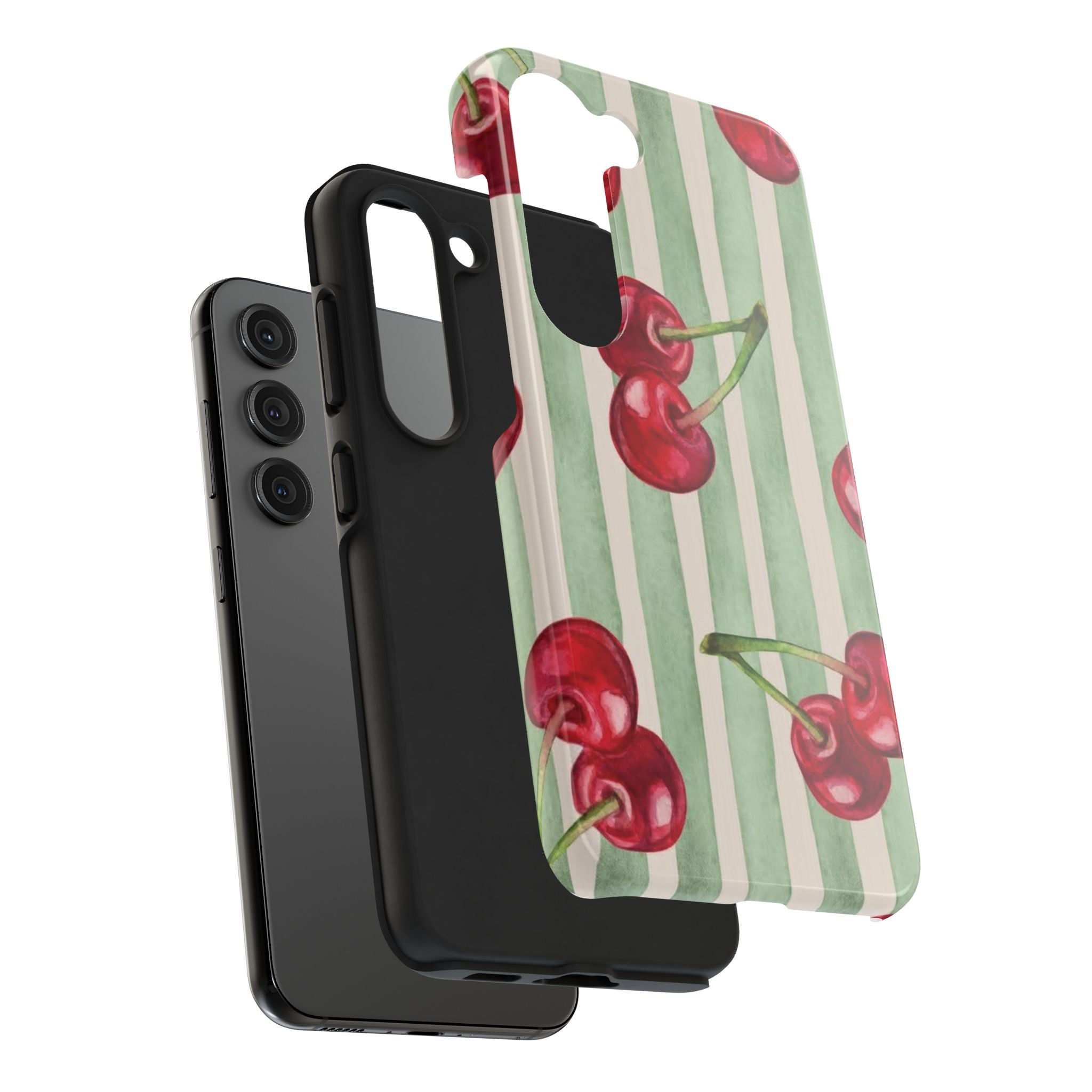 Cherry Stripe Tough Phone Case — Retro Watercolor Cherry Pattern Durable Phone Case