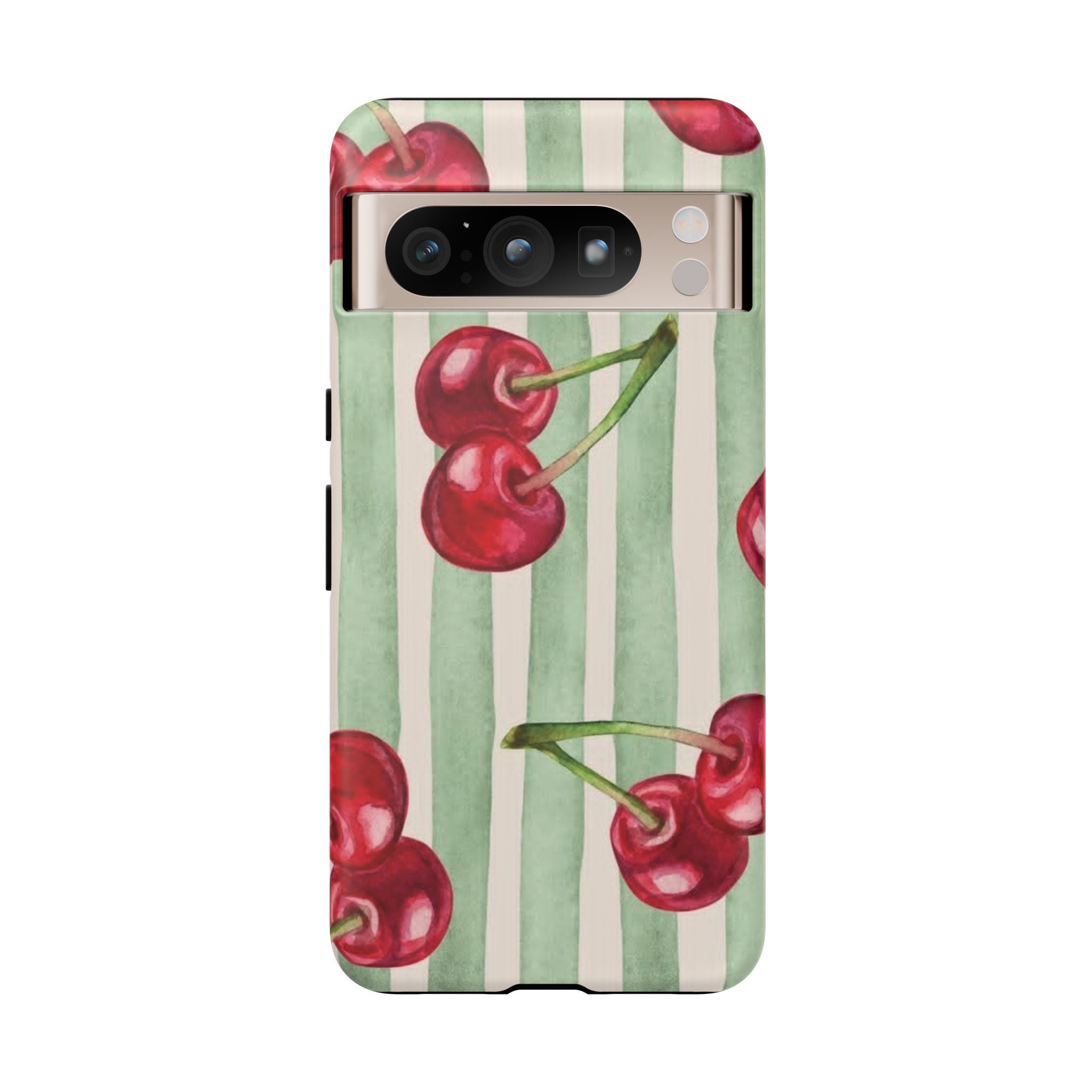Cherry Stripe Phone Case – Retro Watercolor Cherries on Mint Stripes