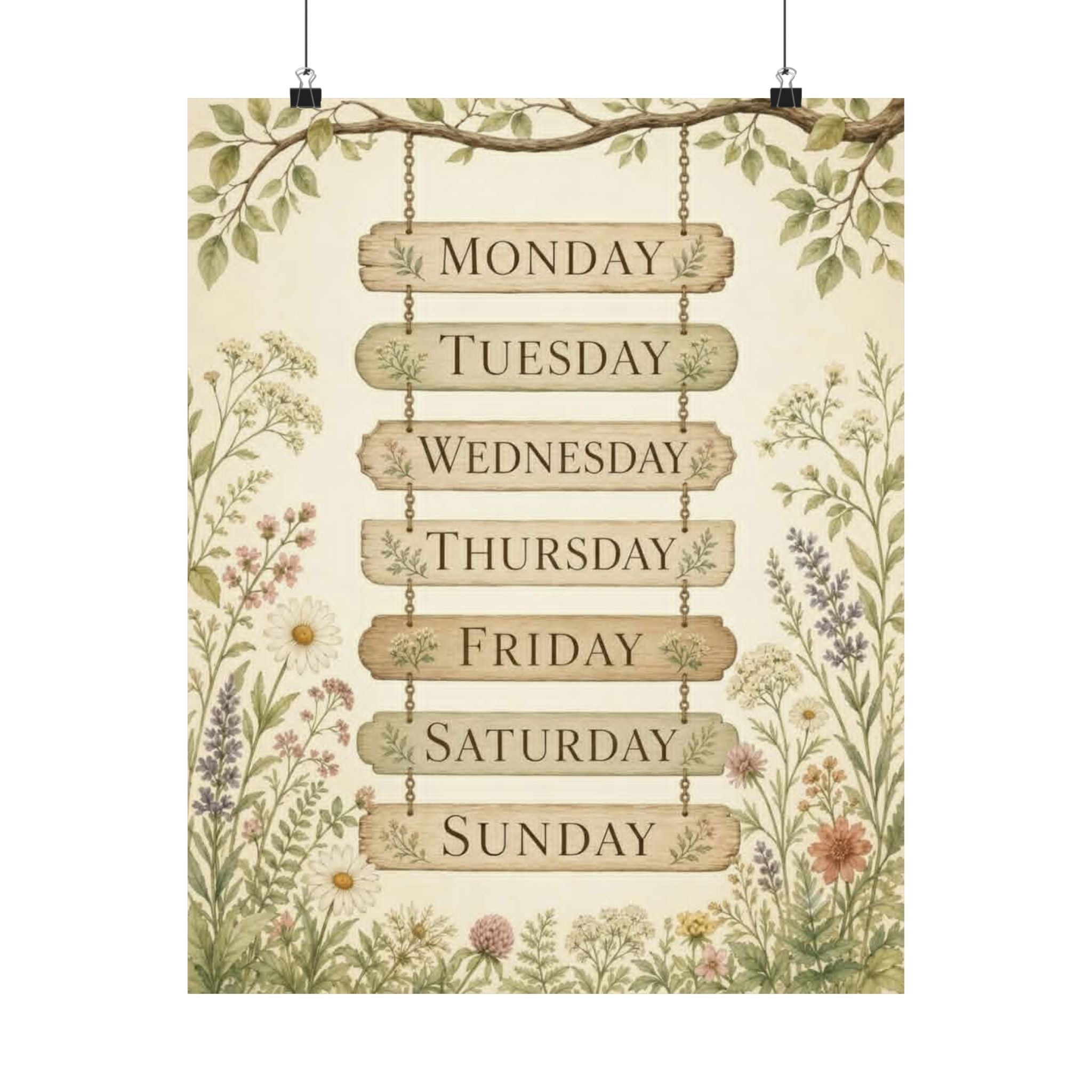 Vintage Floral Days of the Week Poster — Matte Vertical Wall Art