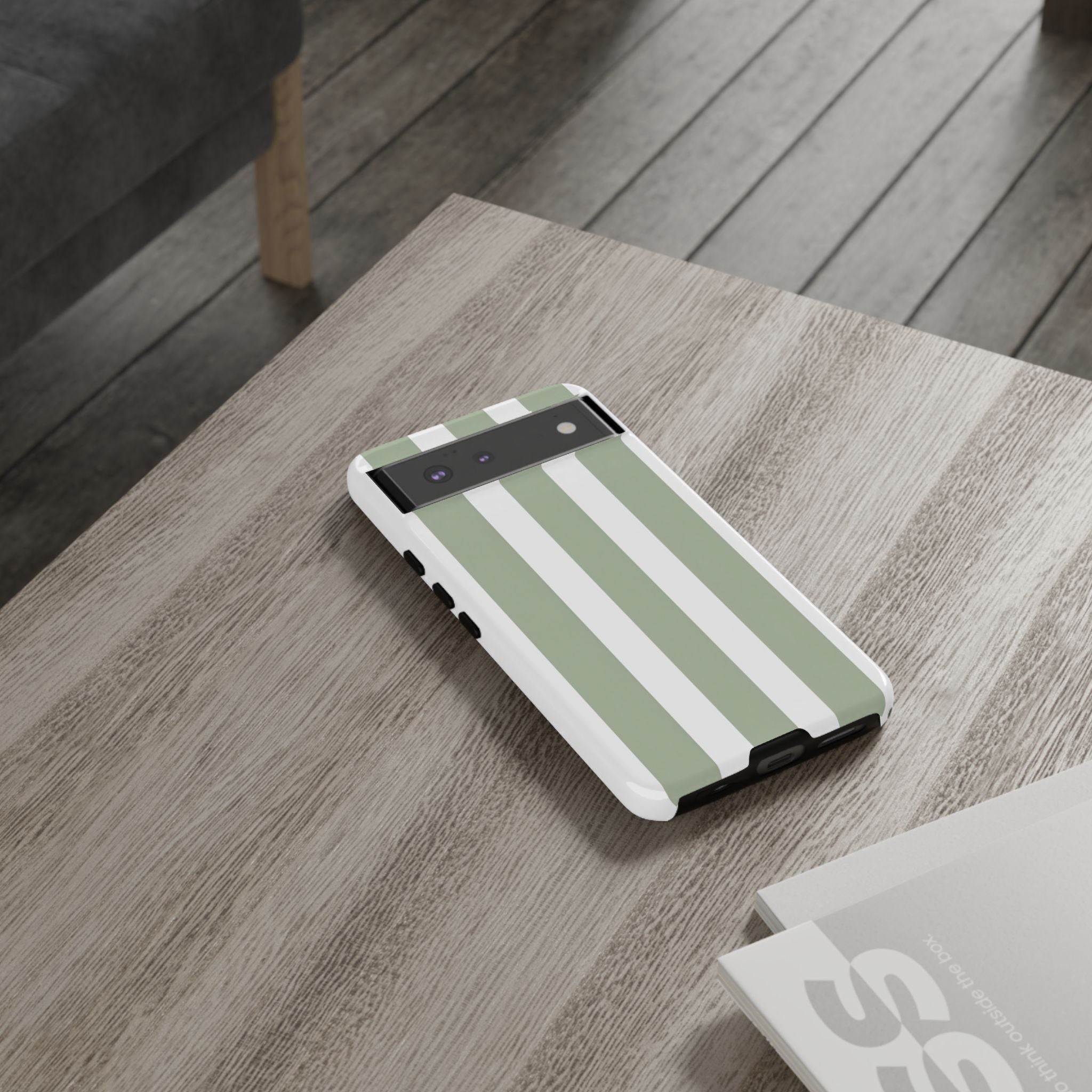 Striped Sage Tough Phone Case — Durable Green & White Vertical Stripe Phone Cover