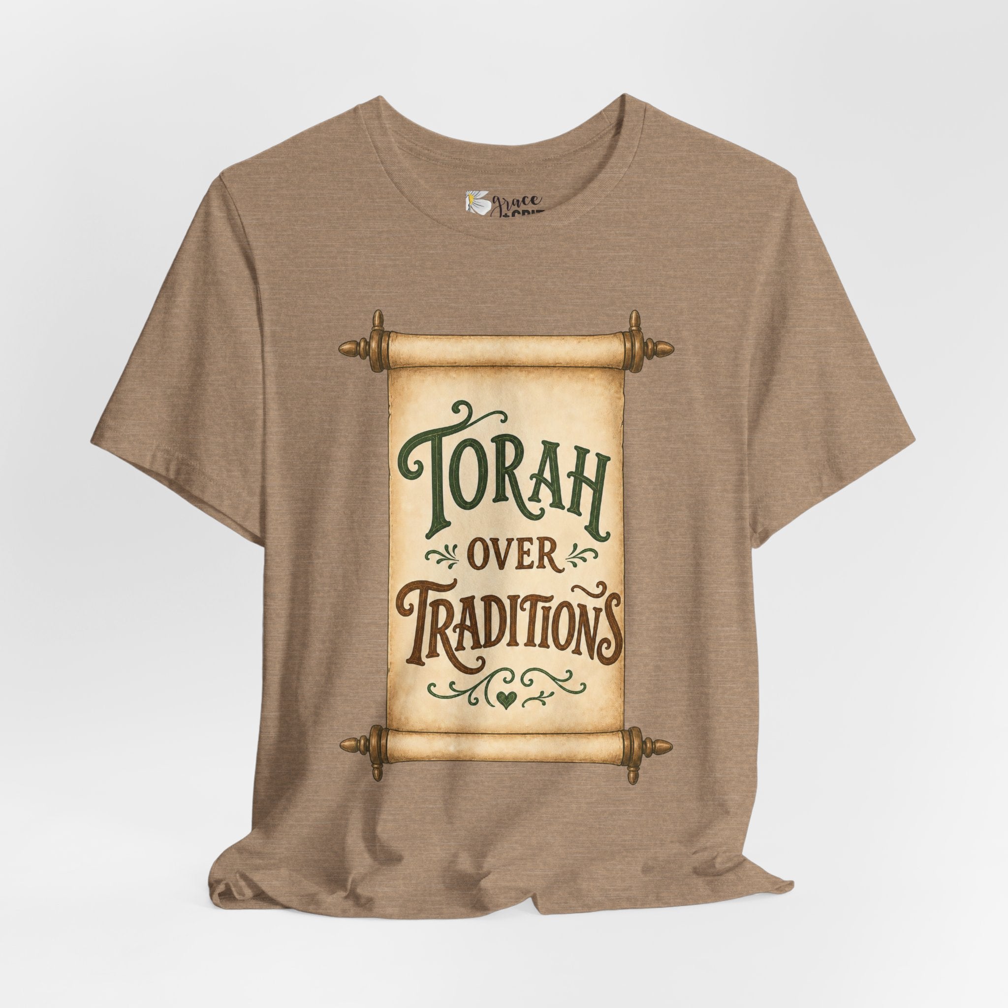 Torah Over Traditions Tee | Scroll Typography Jewish Faith Shirt