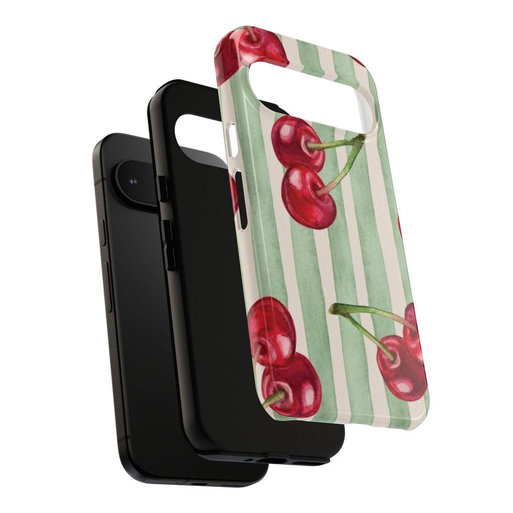Cherry Stripe Phone Case – Retro Watercolor Cherries on Mint Stripes