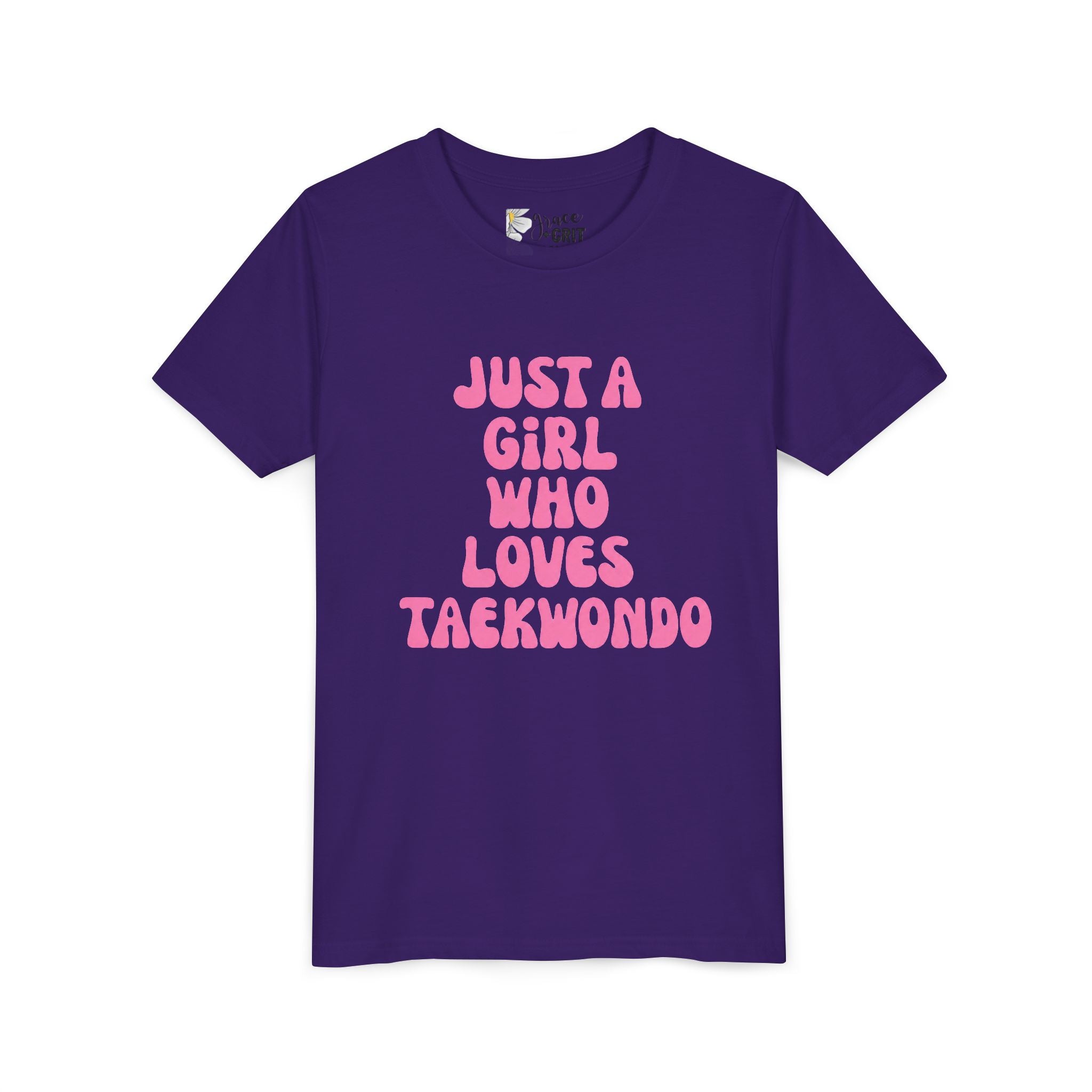 Just a Girl Who Loves Taekwondo Youth Tee | Pink Text Martial Arts Shirt