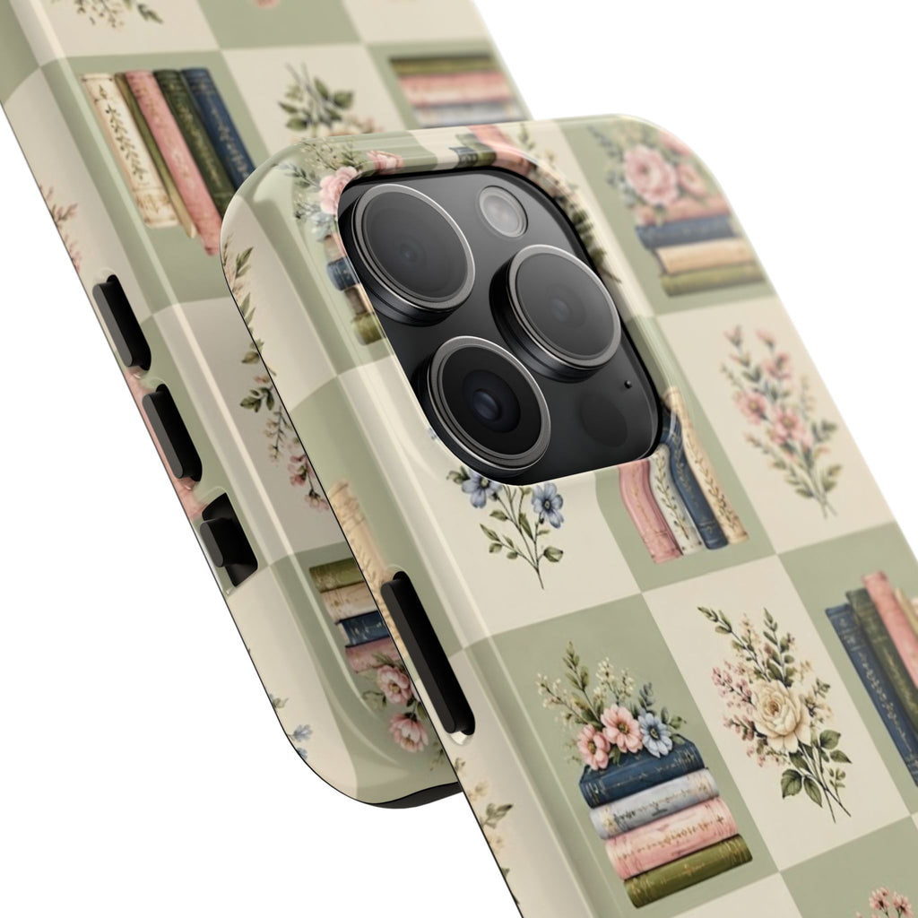 Floral Bookshelf Tough Phone Case — Vintage Floral & Stacked Books Pattern