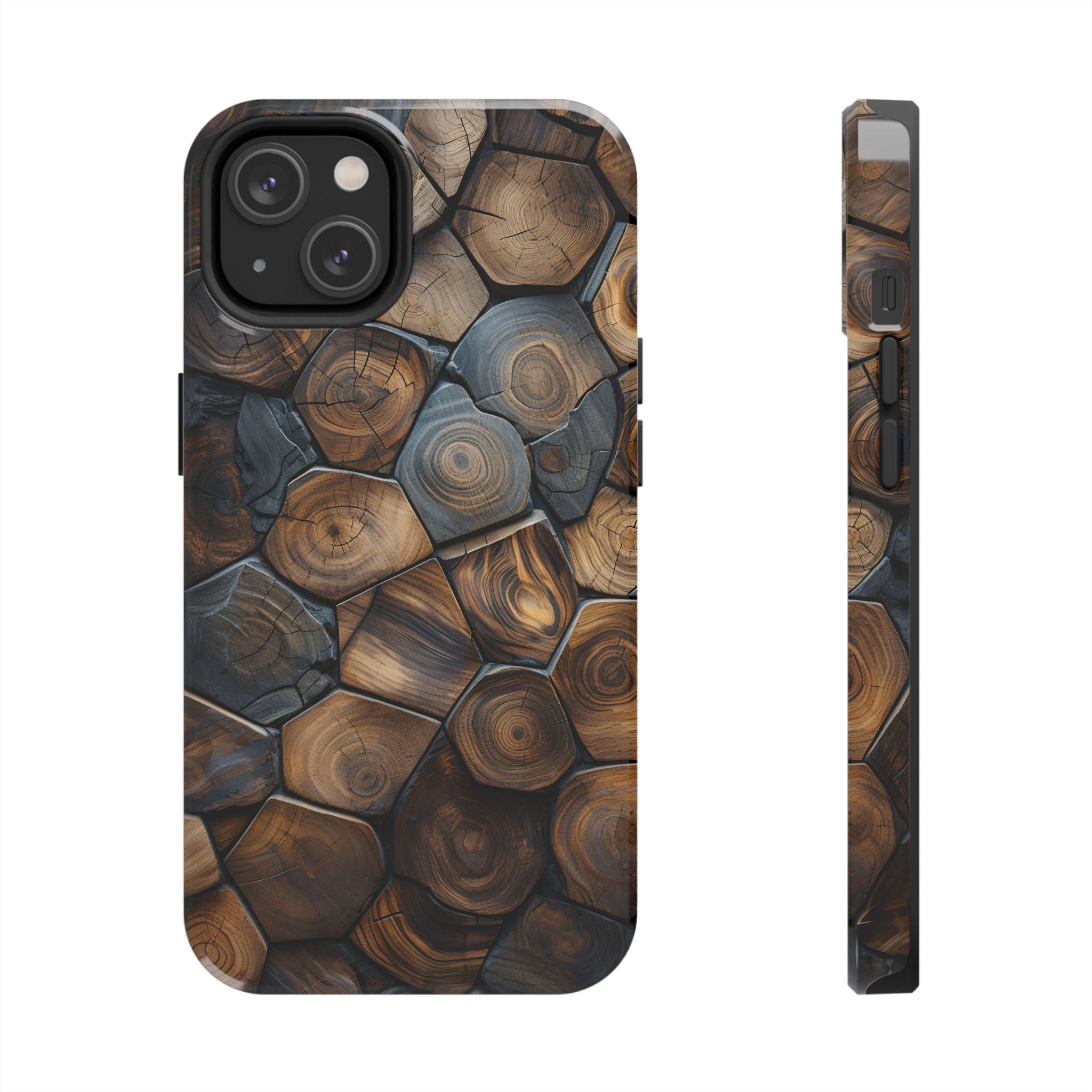 Woodgrain Hex Pattern Tough Phone Case — Rustic Log Cross-Section Design
