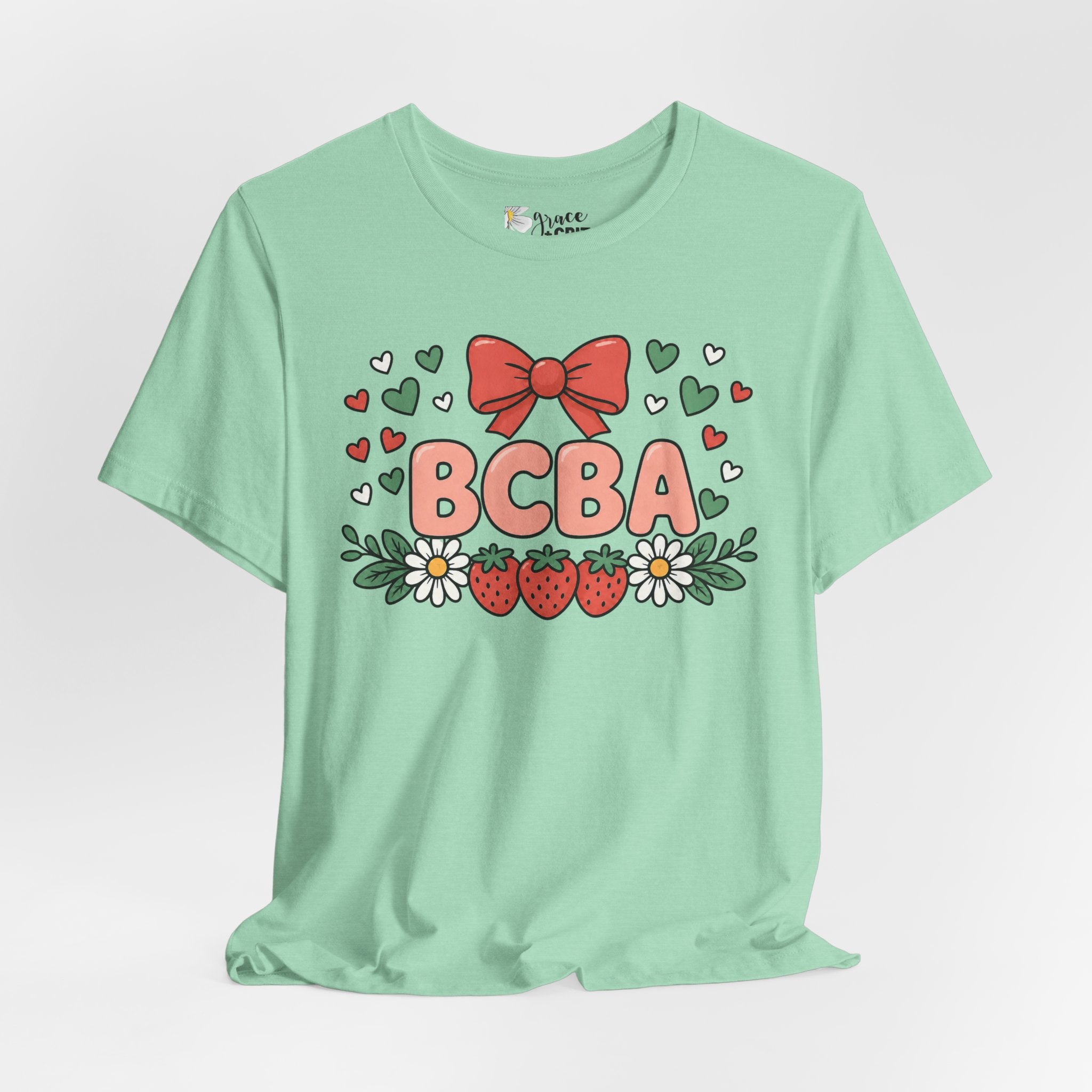 BCBA Strawberry Bow T-Shirt — Cute Floral ABA Therapist Gift