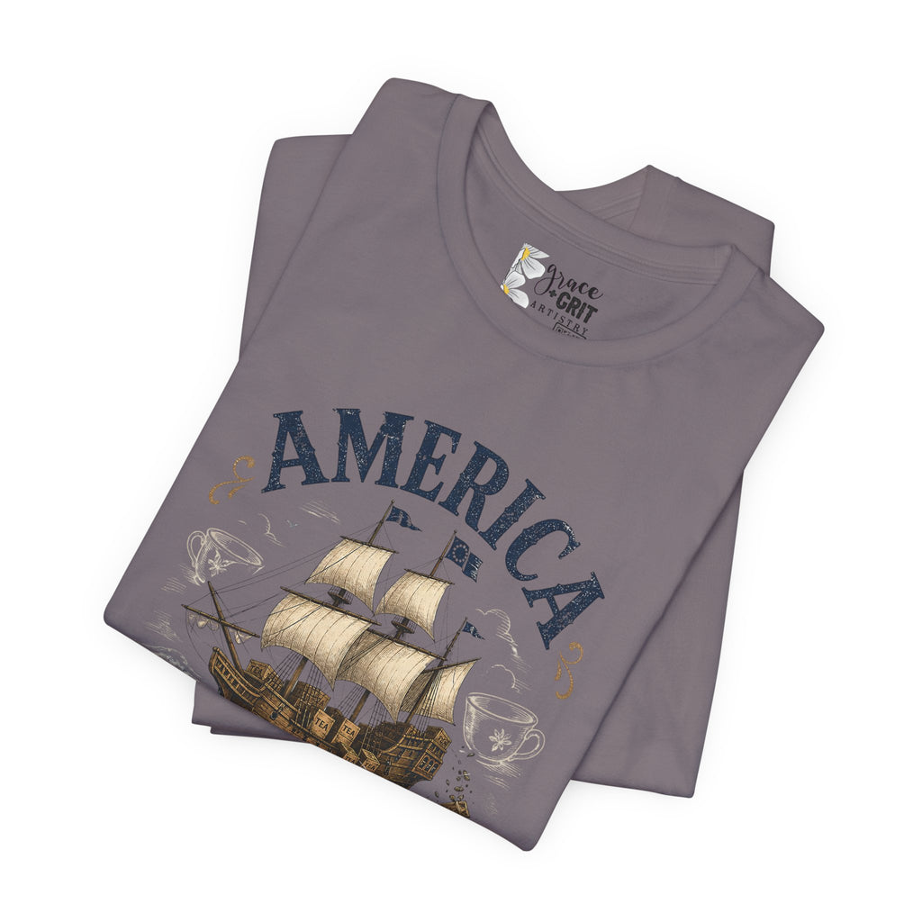 America Spilling the Tea 1773 T‑Shirt — Boston Tea Party Vintage Ship Tee