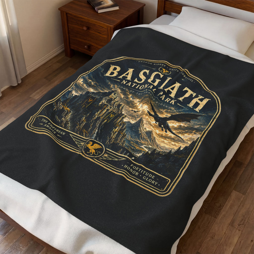 Basgiath National Park Velveteen Plush Blanket — Fantasy Castle & Dragon Scenic Throw