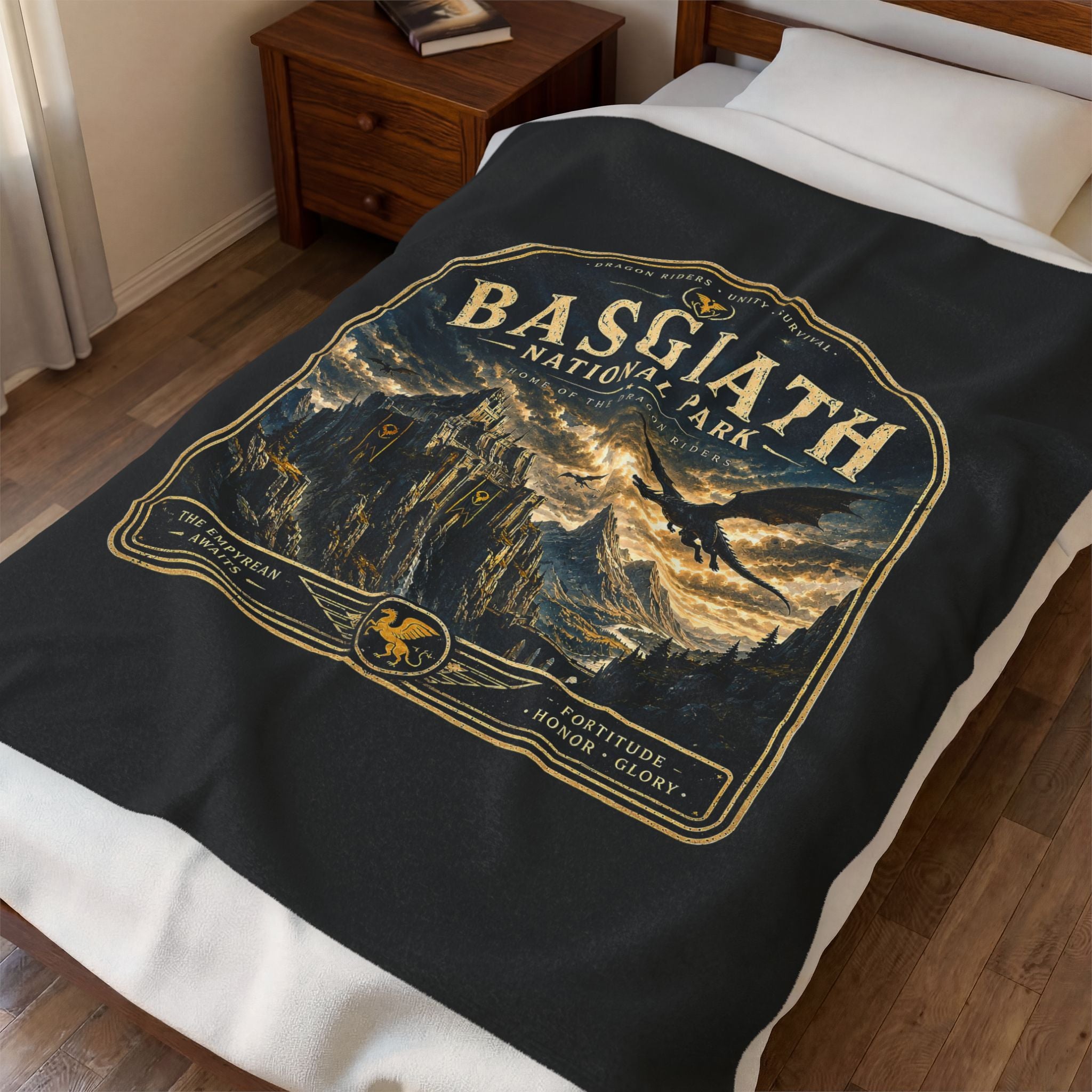 Basgiath National Park Velveteen Plush Blanket — Fantasy Castle & Dragon Scenic Throw