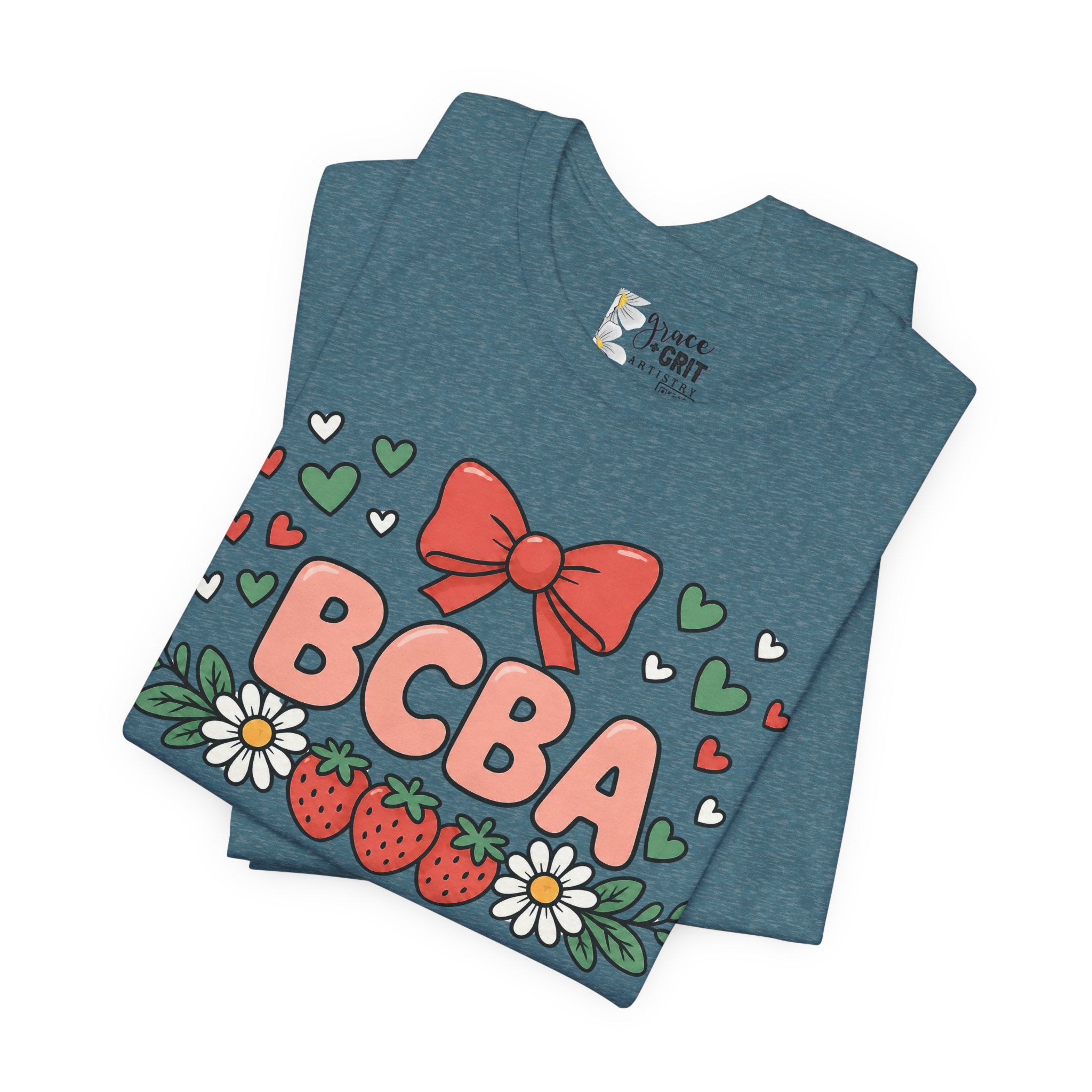 BCBA Strawberry Bow T-Shirt — Cute Floral ABA Therapist Gift