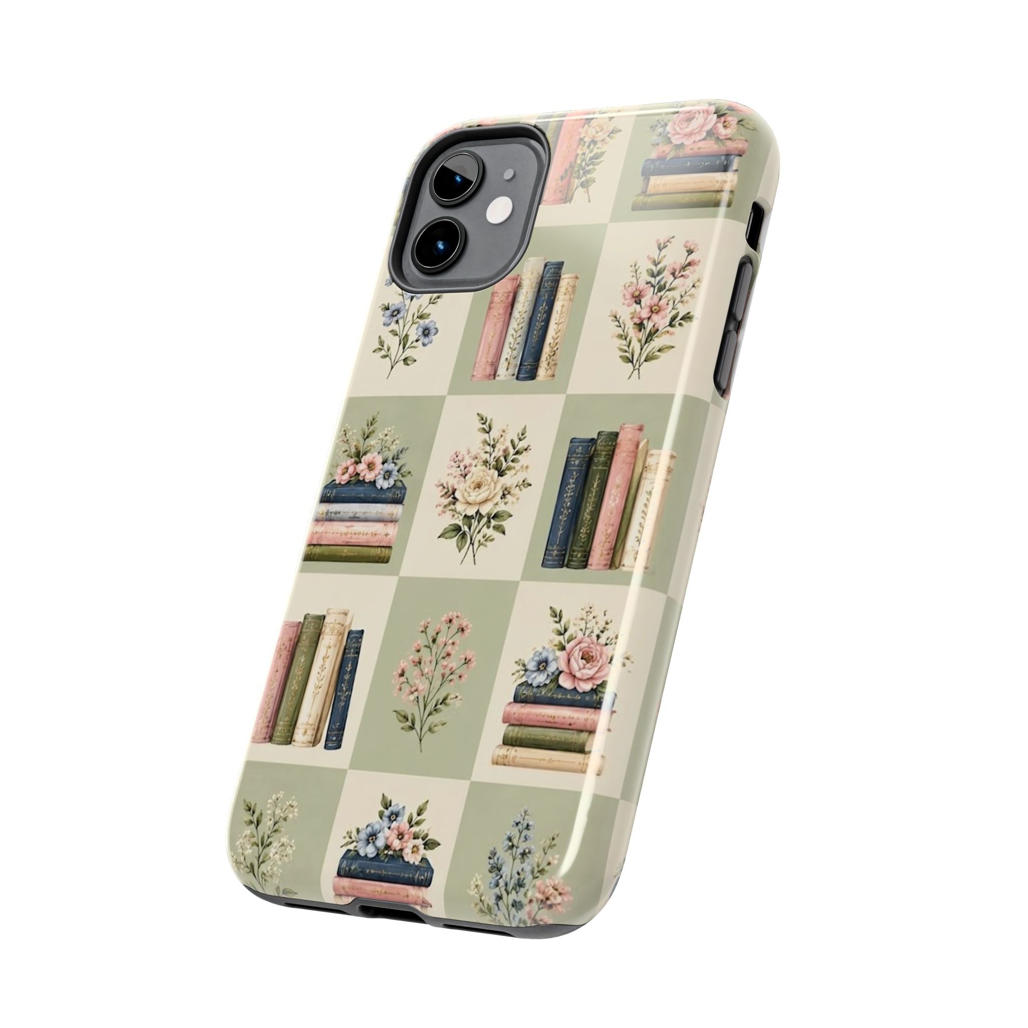Floral Bookshelf Tough Phone Case — Vintage Floral & Stacked Books Pattern