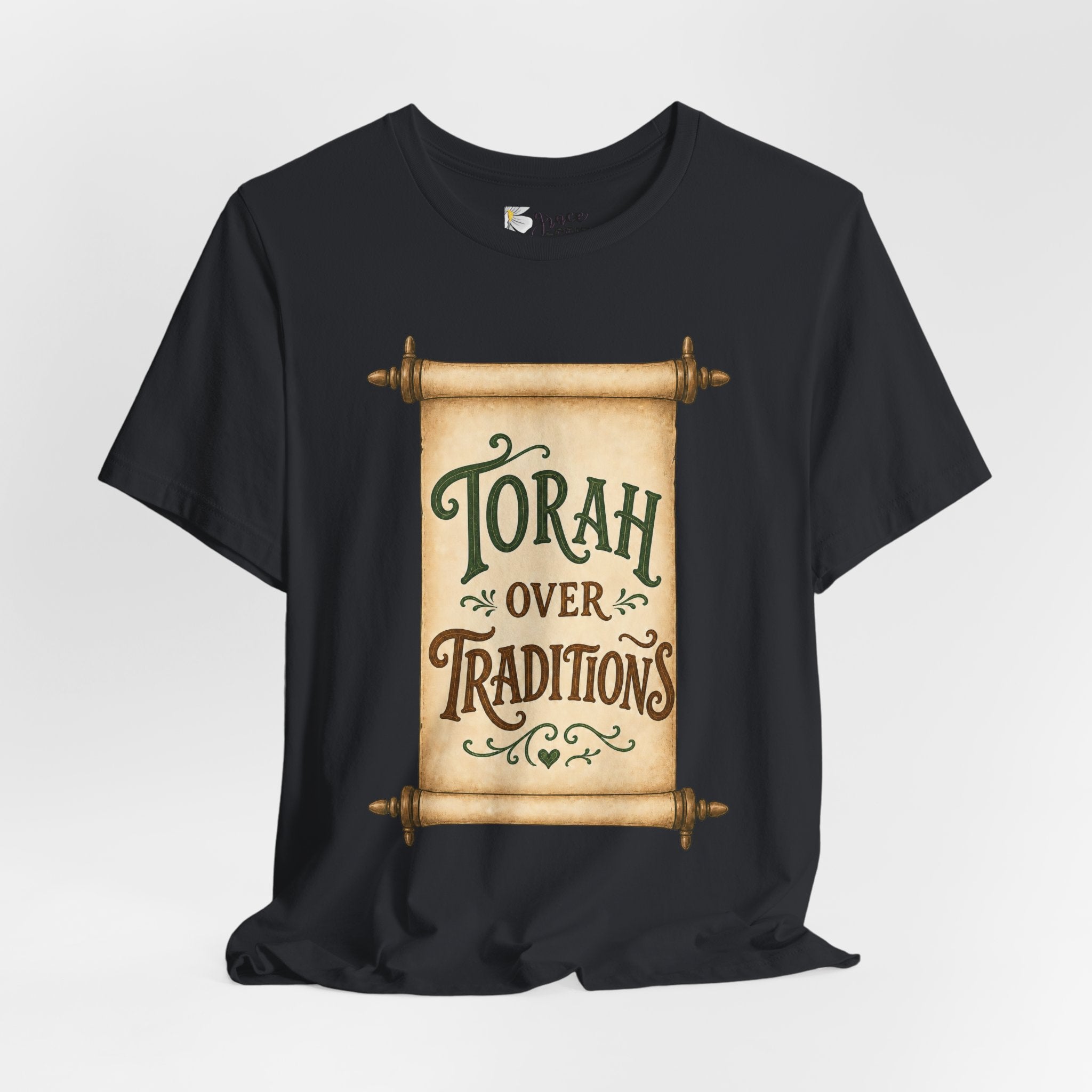 Torah Over Traditions Tee | Scroll Typography Jewish Faith Shirt
