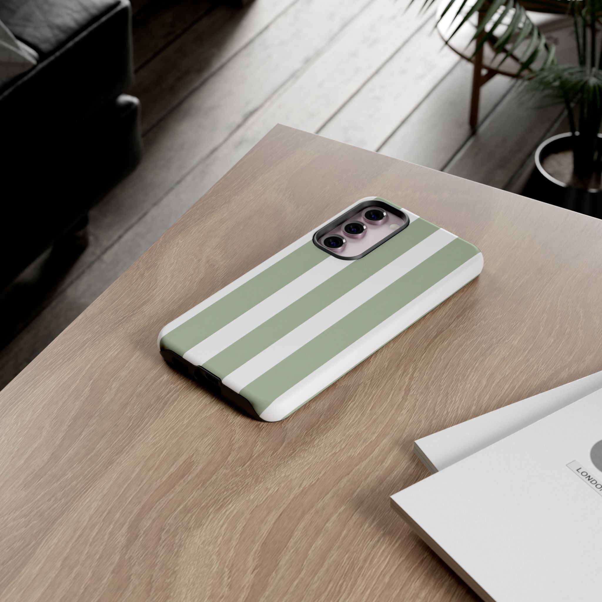 Striped Sage Tough Phone Case — Durable Green & White Vertical Stripe Phone Cover