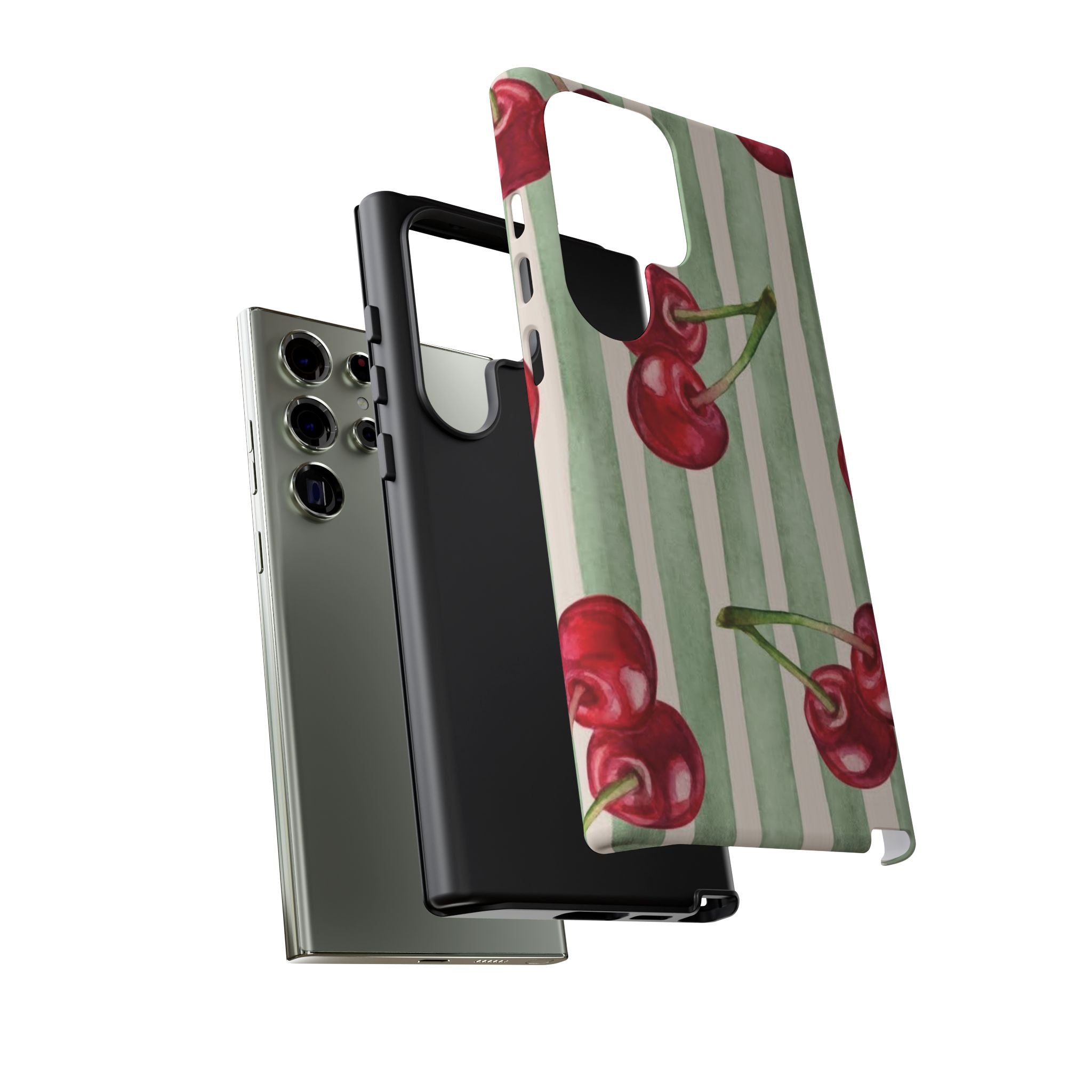 Cherry Stripe Phone Case – Retro Watercolor Cherries on Mint Stripes
