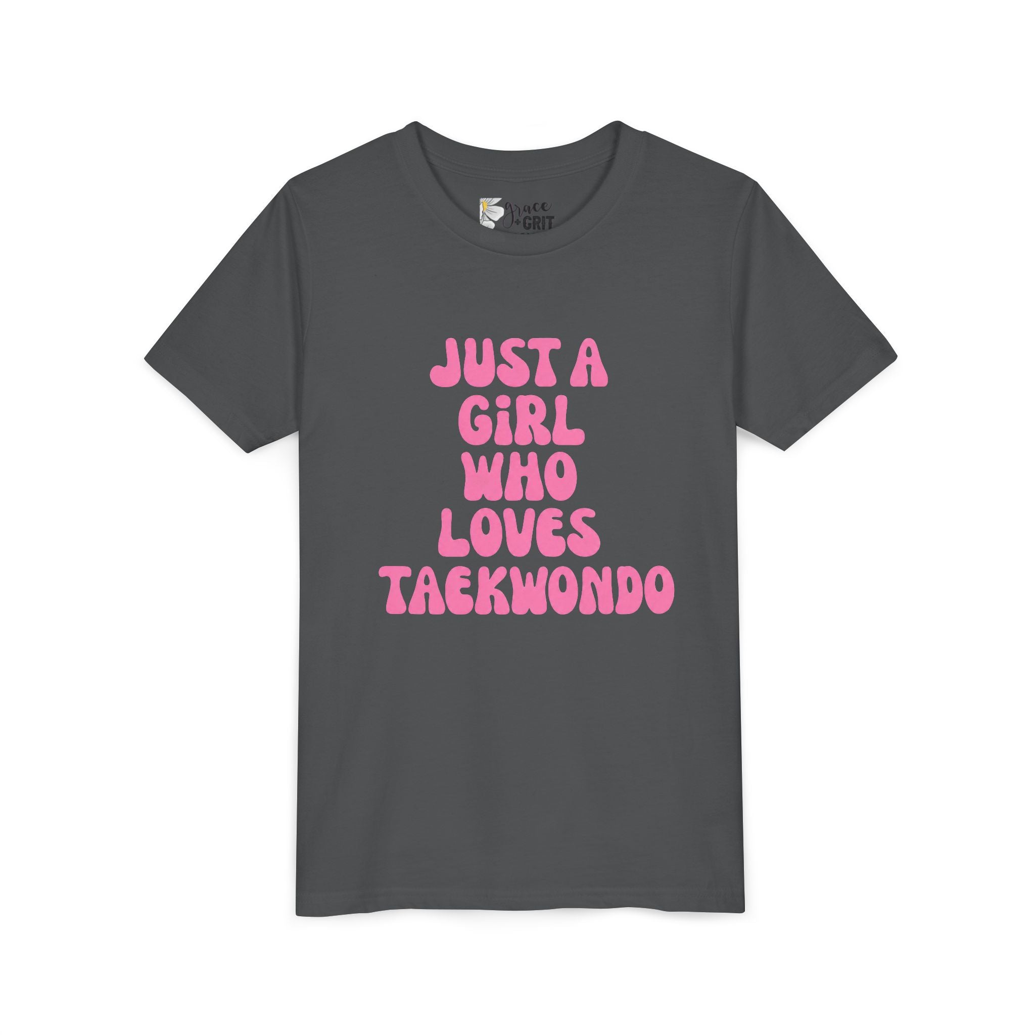 Just a Girl Who Loves Taekwondo Youth Tee | Pink Text Martial Arts Shirt