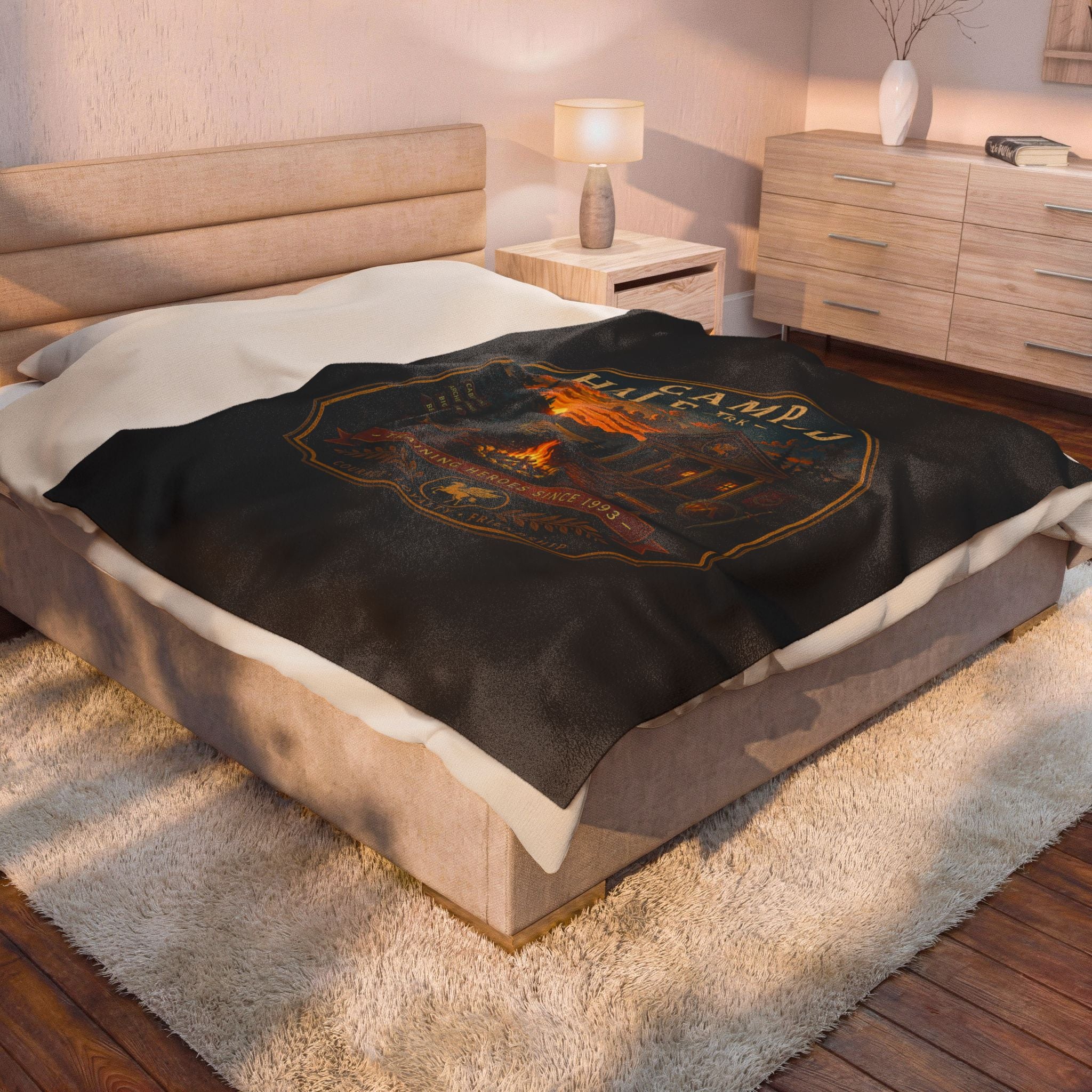 Camp Half-Blood Velveteen Plush Blanket — Campfire Logo Cozy Throw