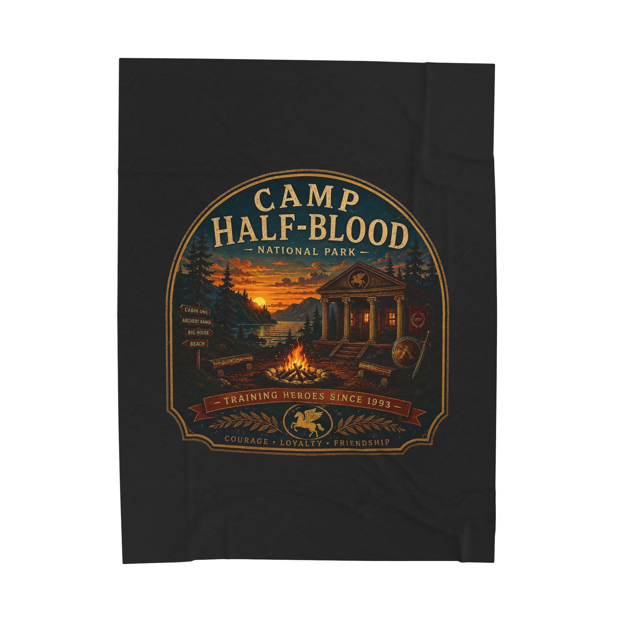 Camp Half-Blood Velveteen Plush Blanket — Campfire Logo Cozy Throw